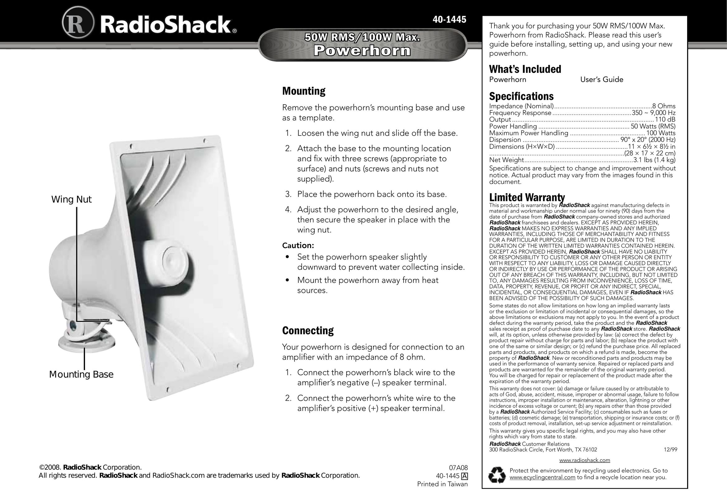 Radio Shack 40-1445 Speaker User Manual
