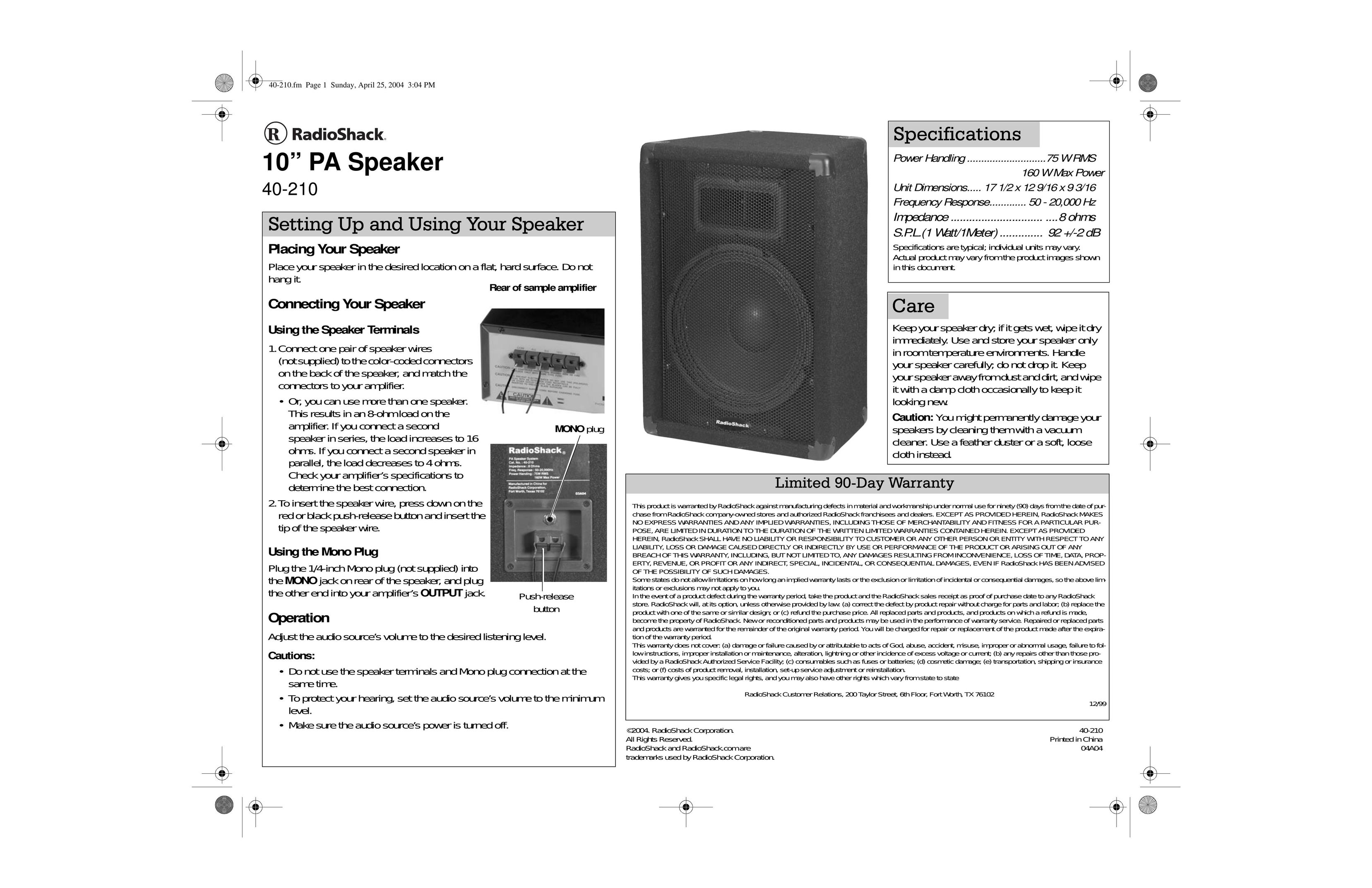 Radio Shack 40-210 Speaker User Manual