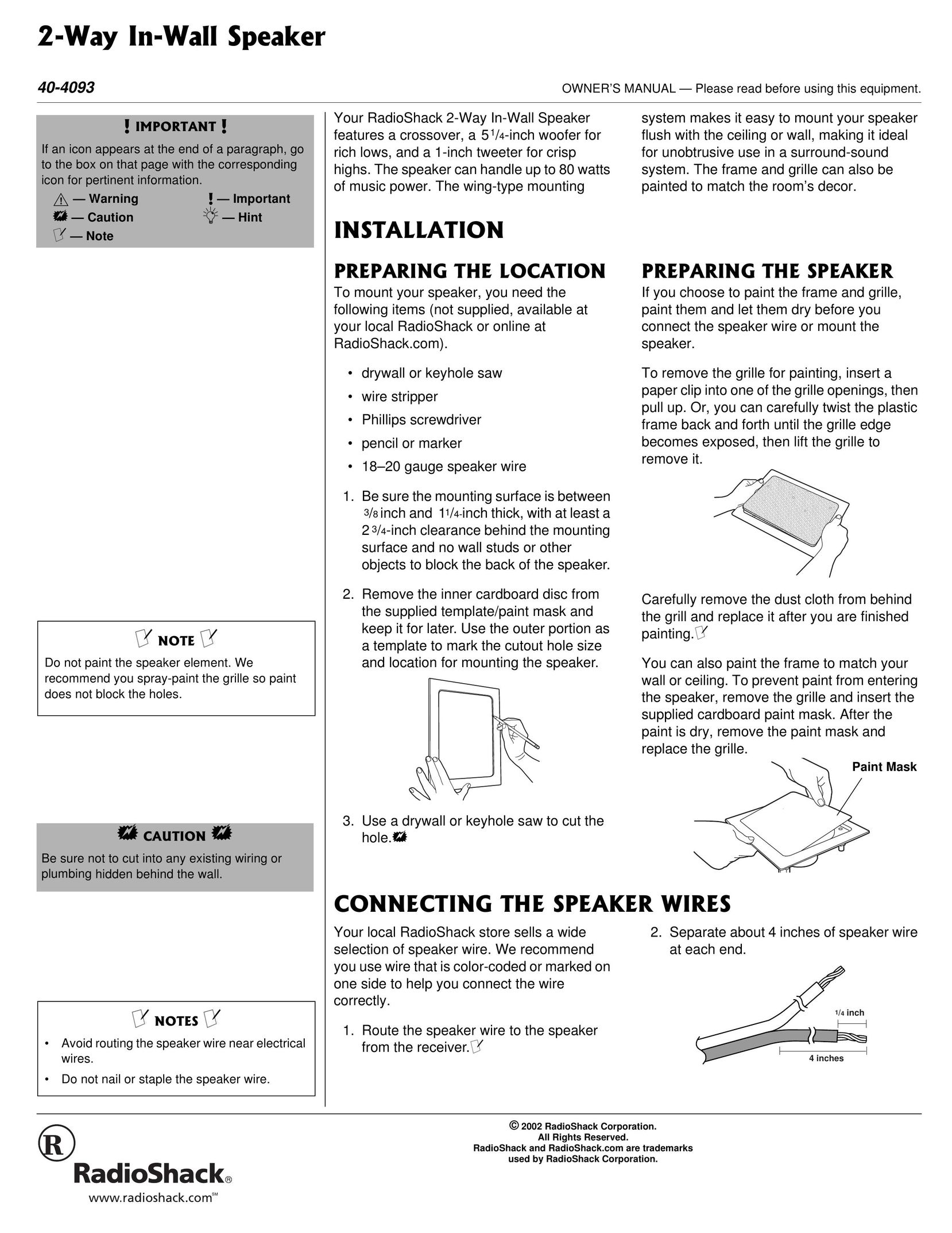 Radio Shack 40-4093 Speaker User Manual