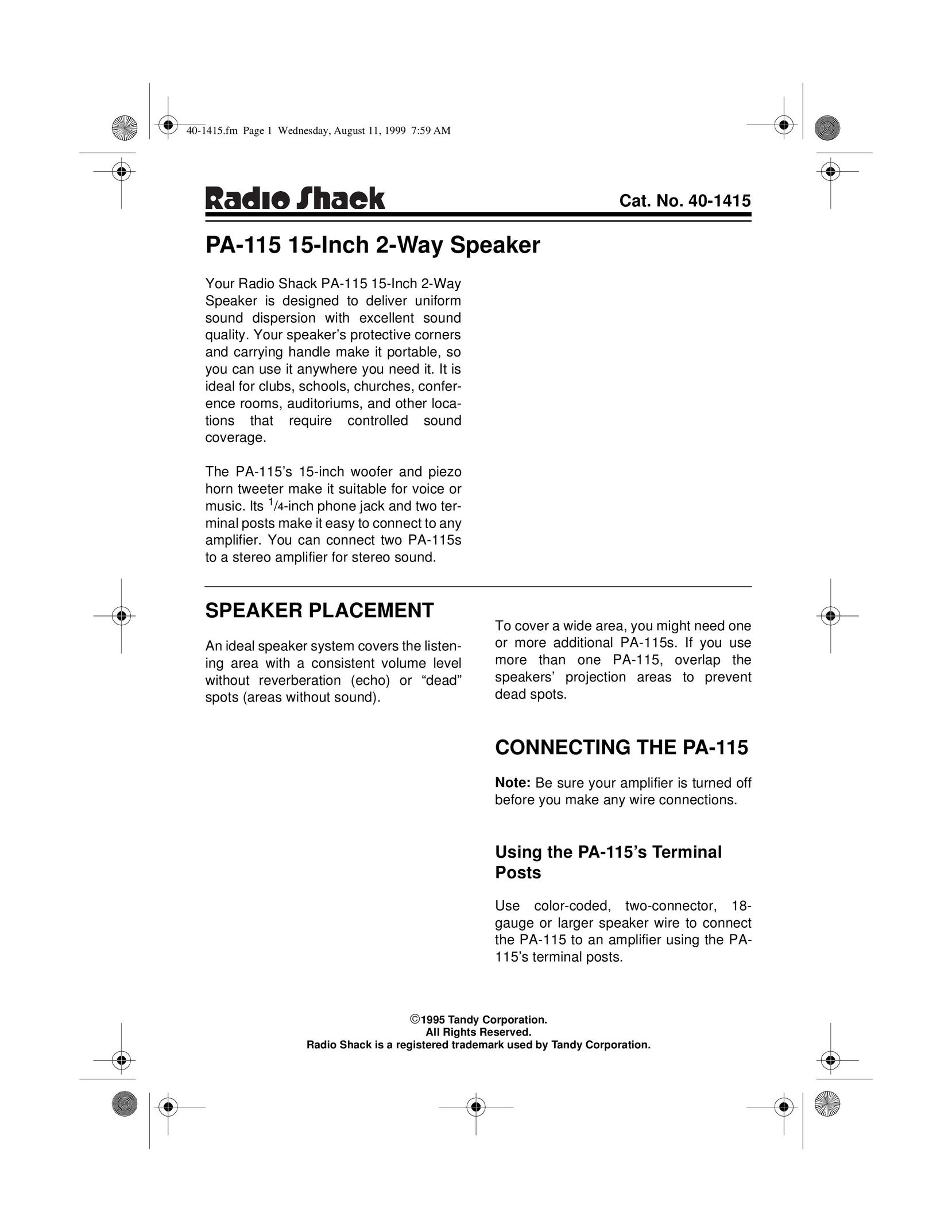 Radio Shack PA-115 Speaker User Manual