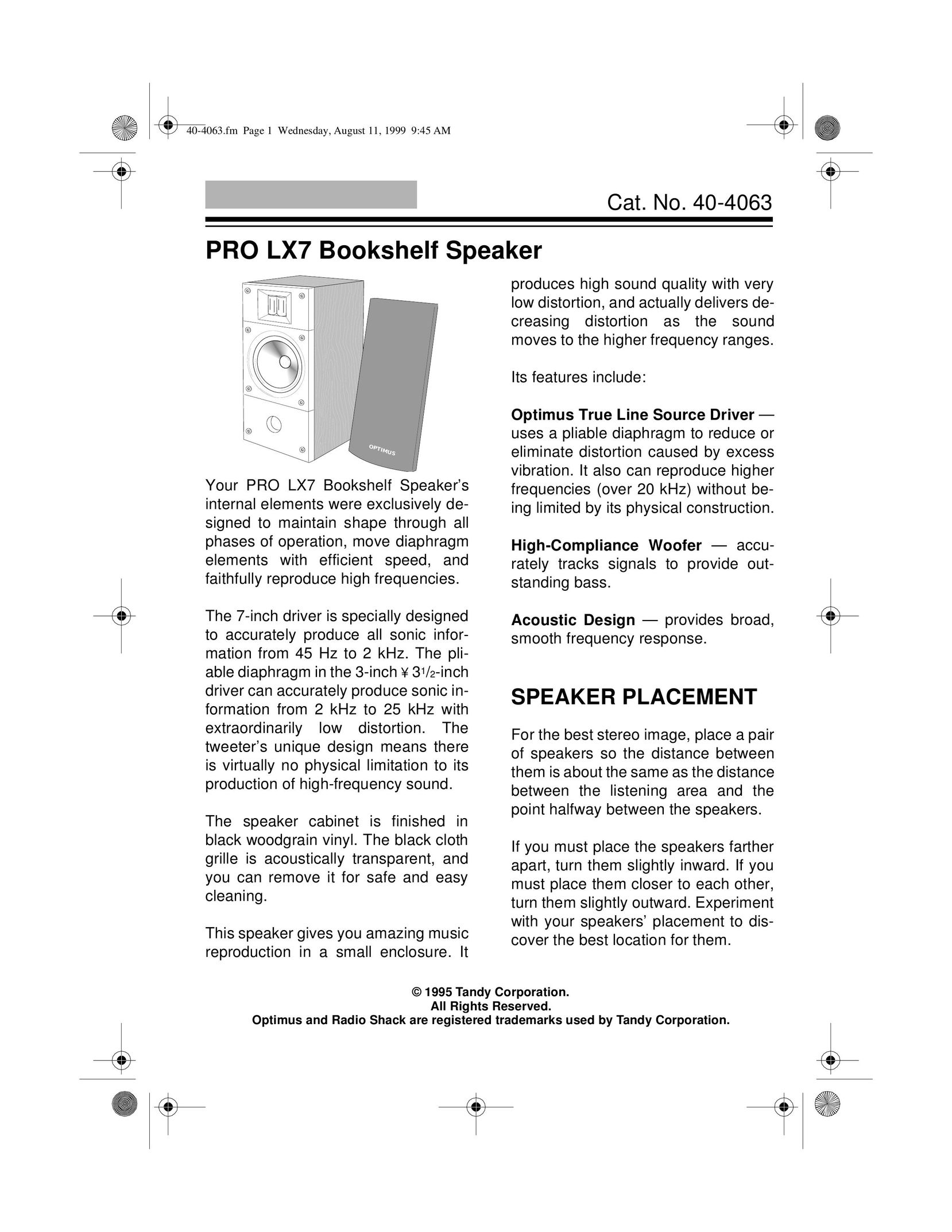 Radio Shack PRO LX7 Speaker User Manual