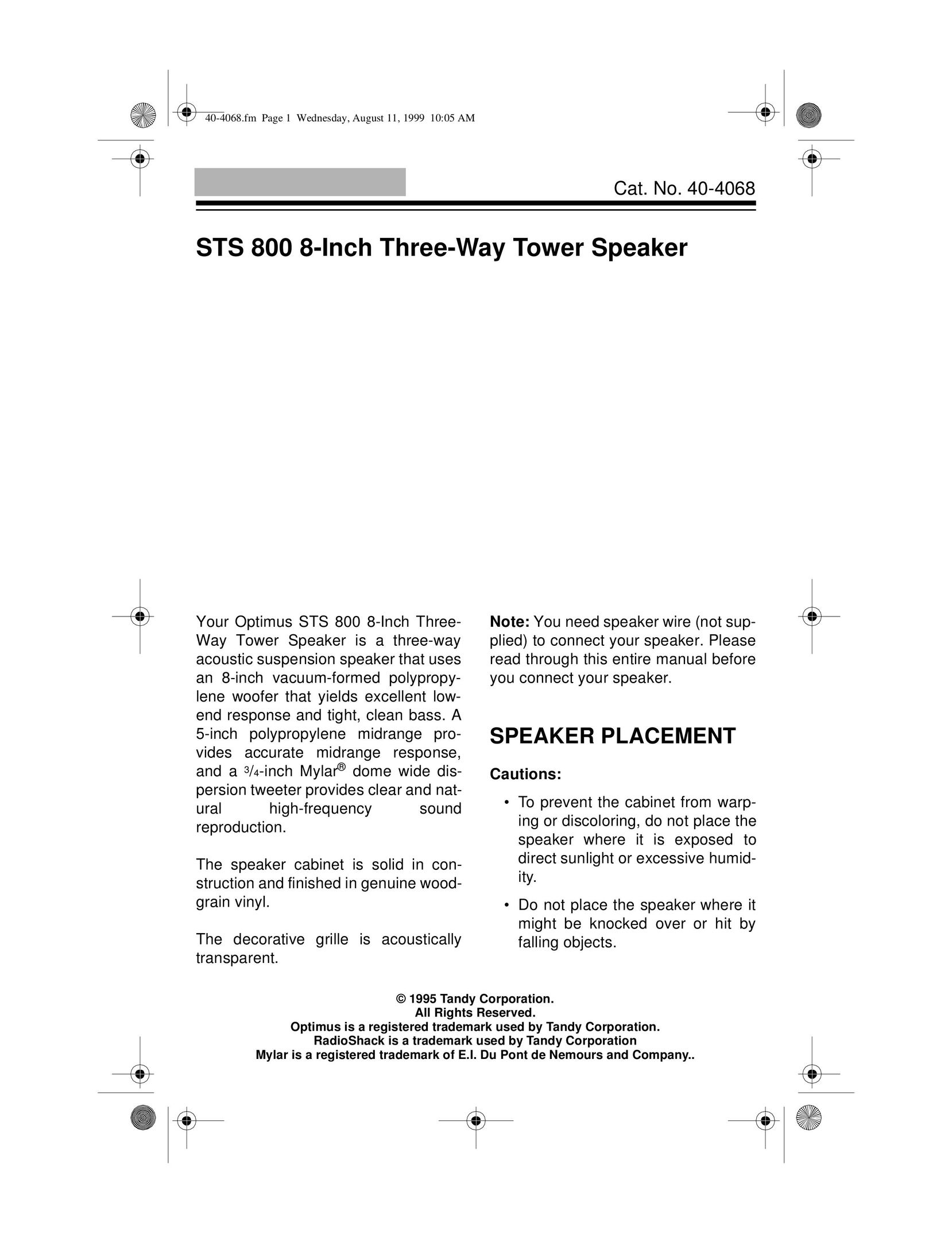 Radio Shack STS 800 Speaker User Manual