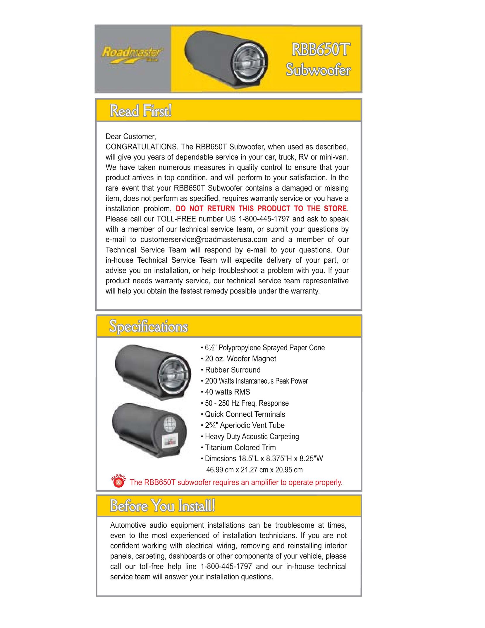 Roadmaster RBB650T Speaker User Manual