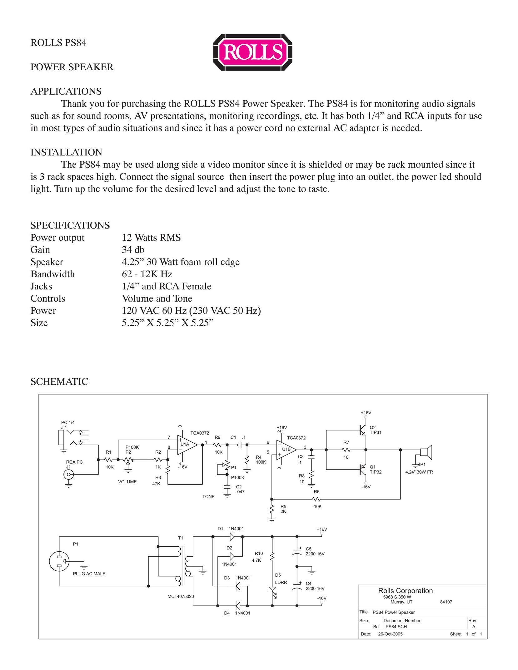 Rolls PS84 Speaker User Manual