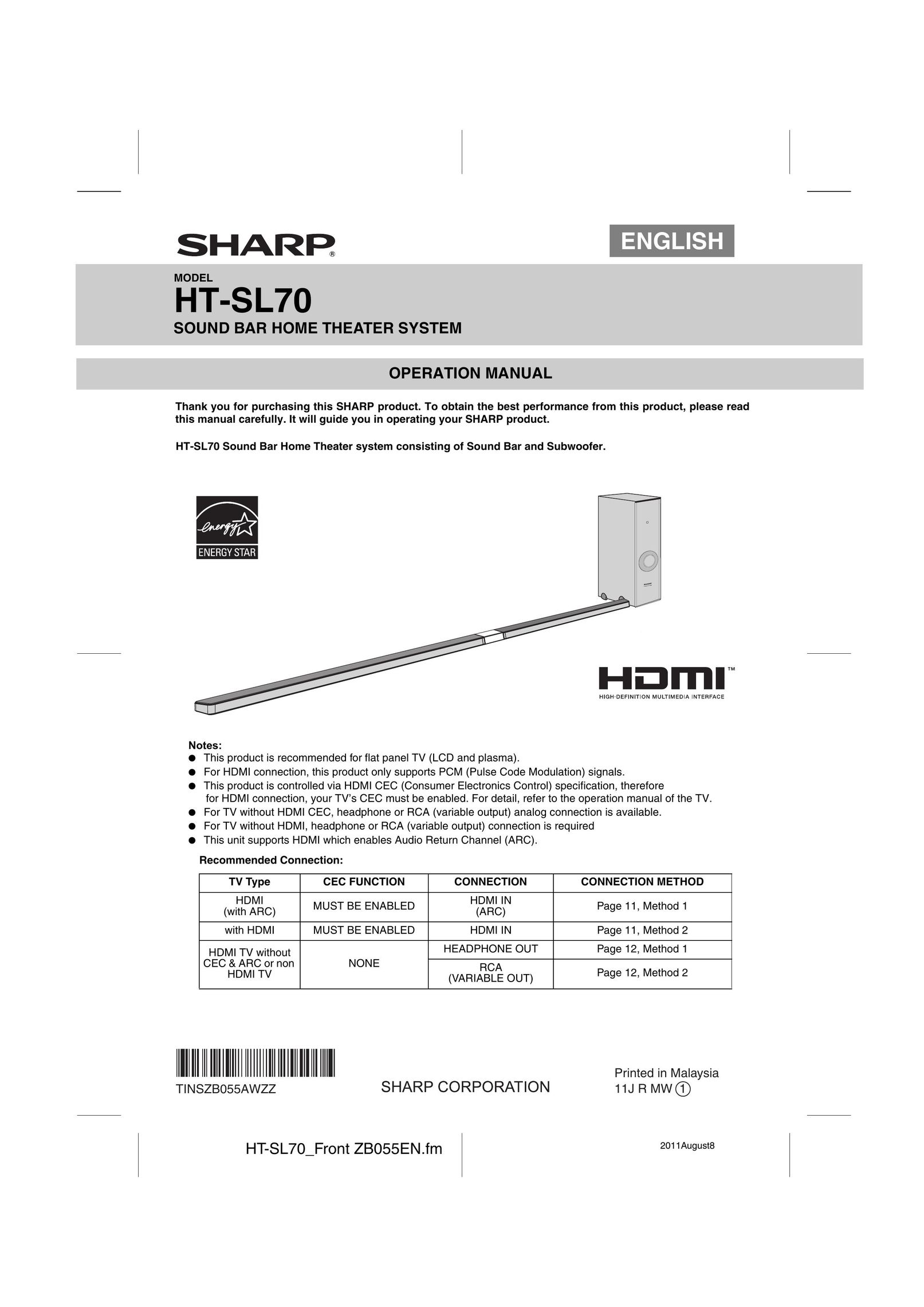 Sharp HTSL70 Speaker User Manual