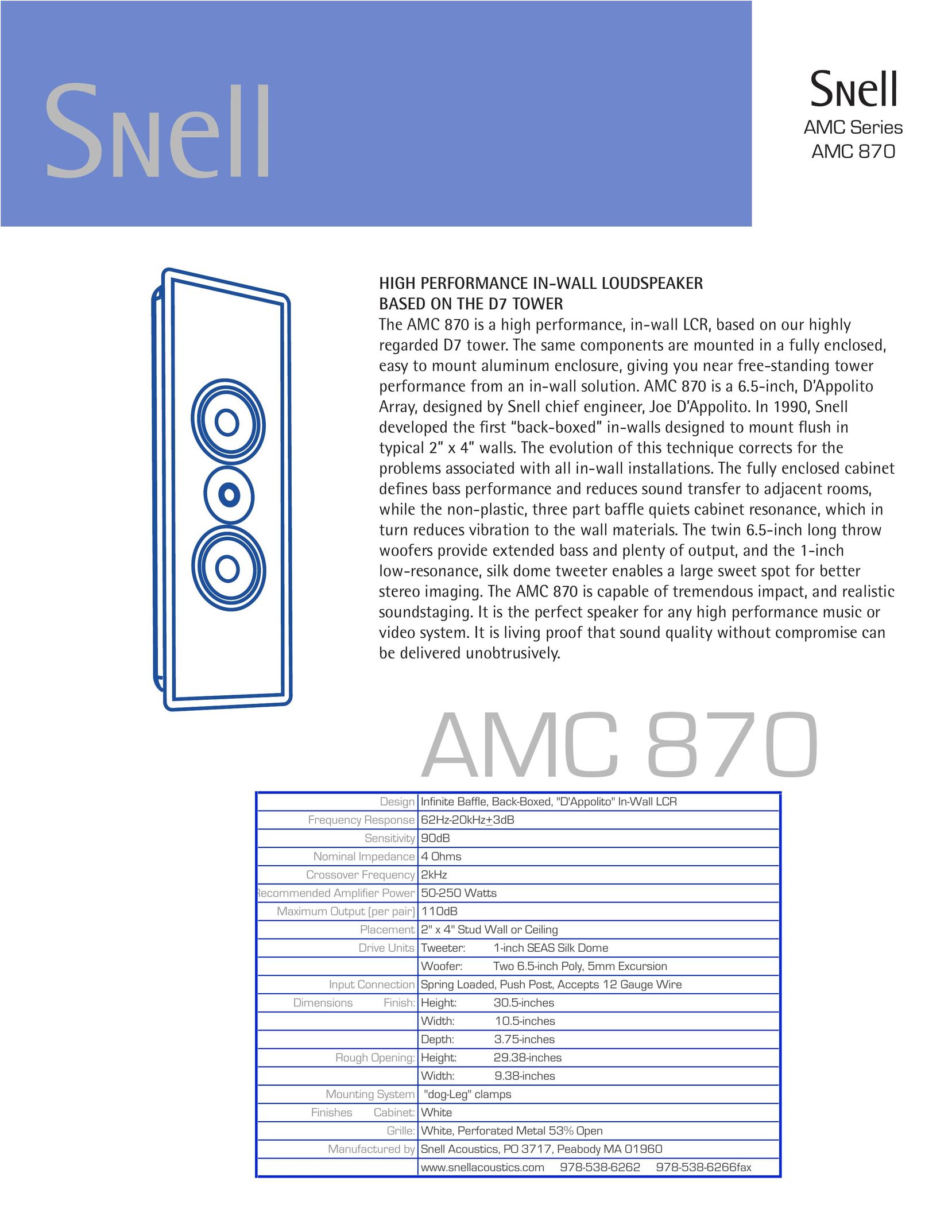 Snell Acoustics AMC 870 Speaker User Manual