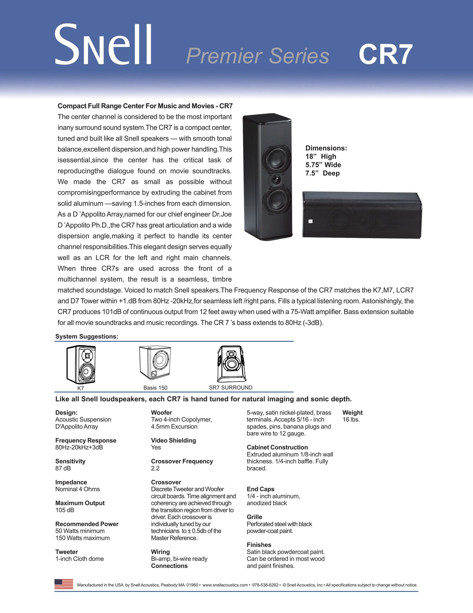 Snell Acoustics CR7 Speaker User Manual
