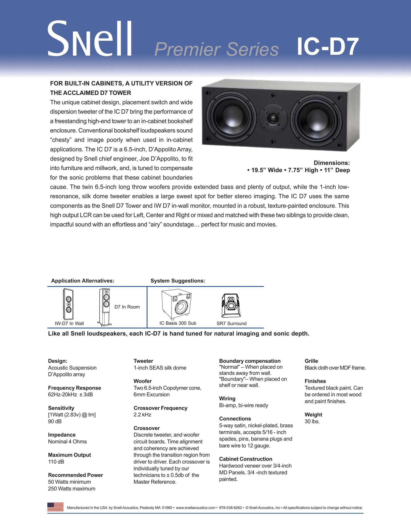 Snell Acoustics IC-D7 Speaker User Manual