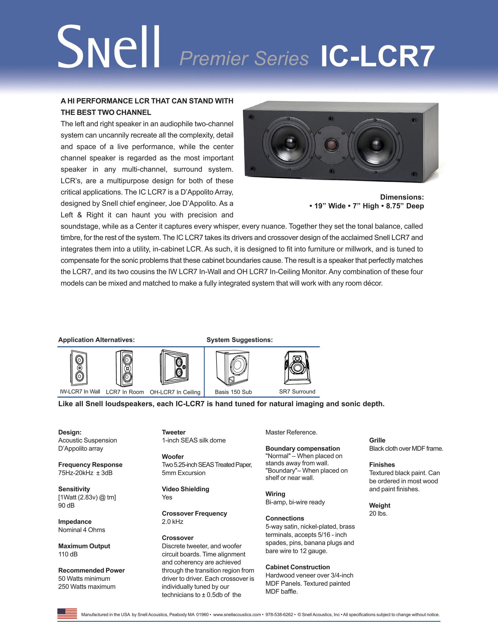 Snell Acoustics IC-LCR7 Speaker User Manual