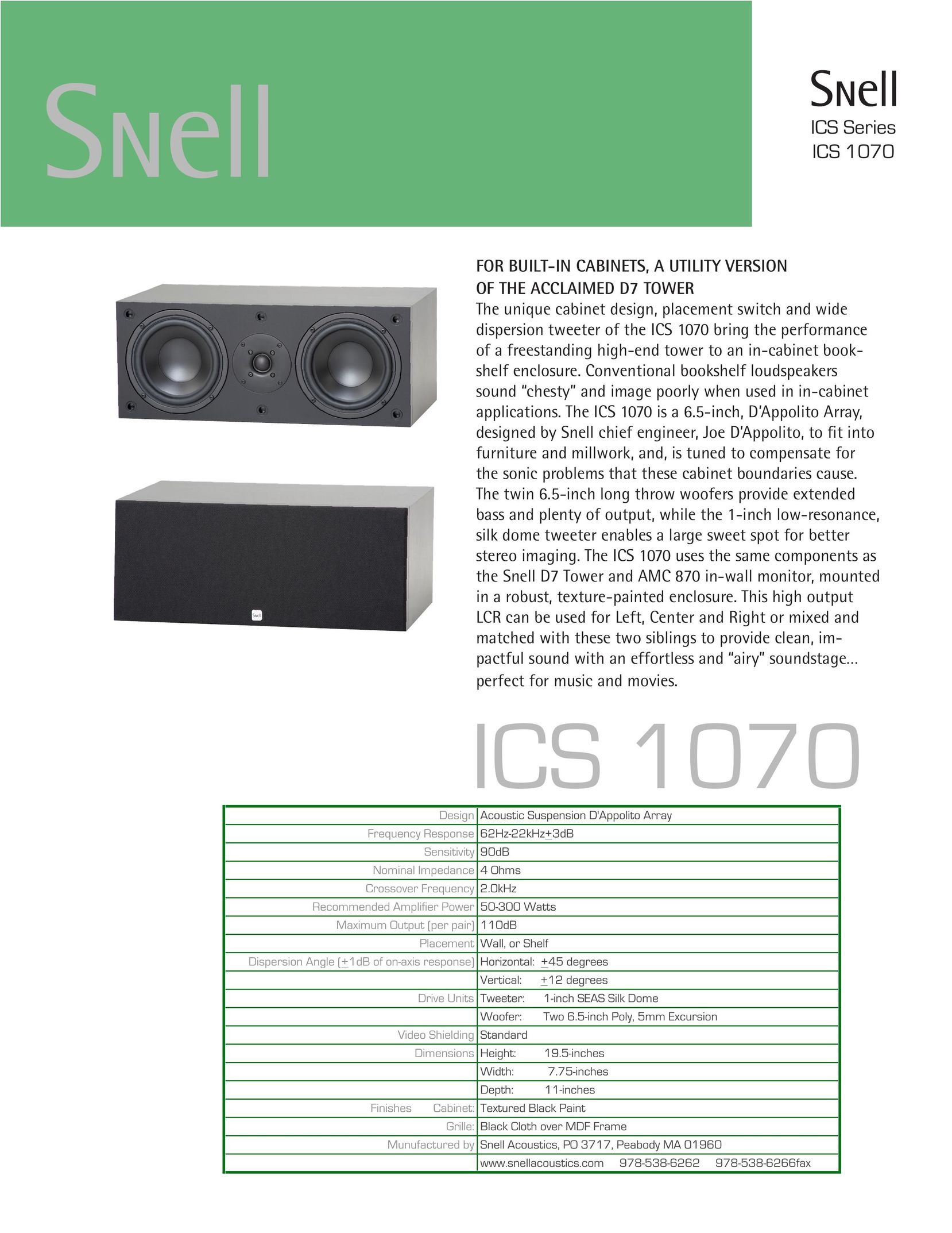 Snell Acoustics ICS 1070 Speaker User Manual