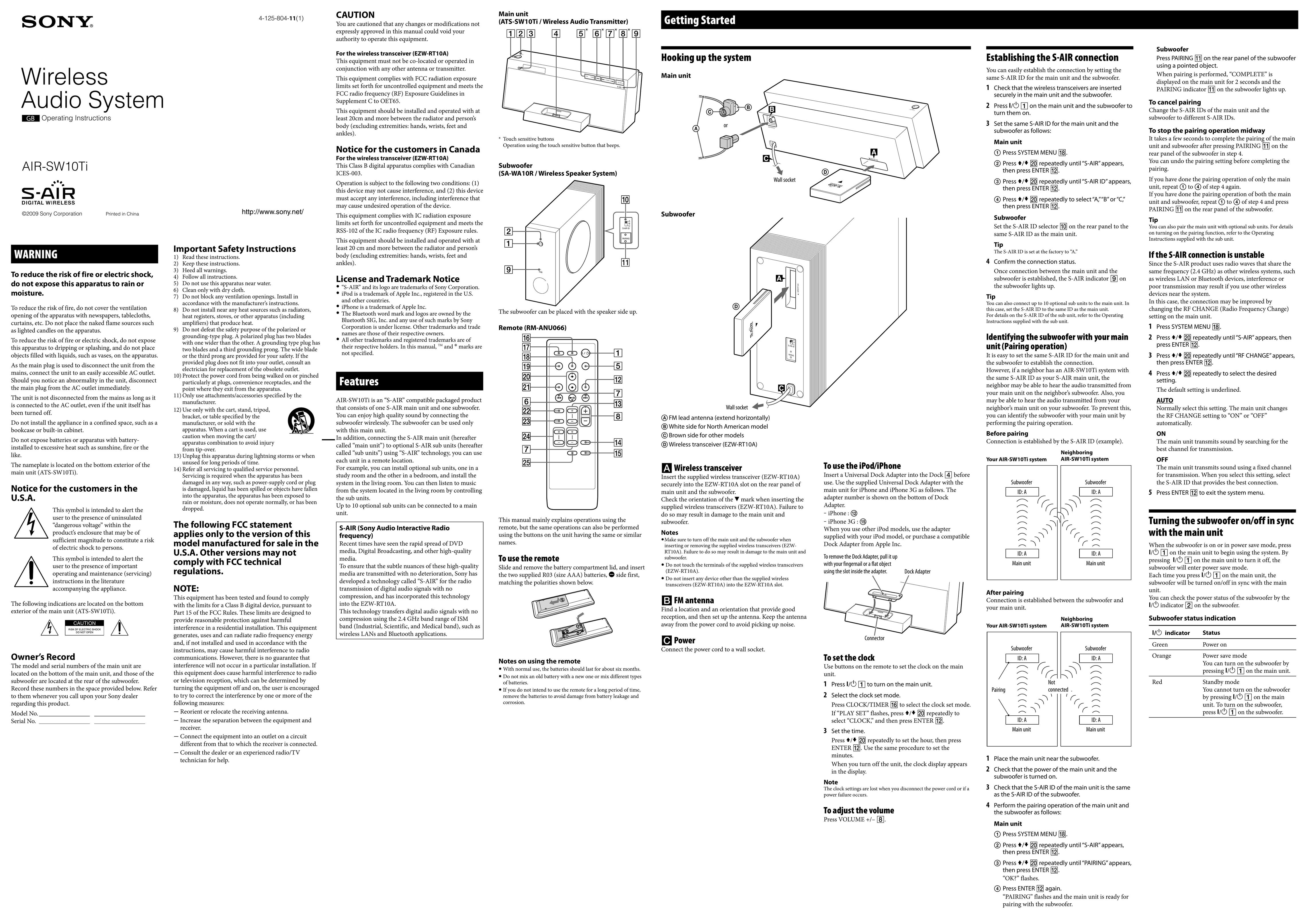 Sony AIR-SW10Ti Speaker User Manual
