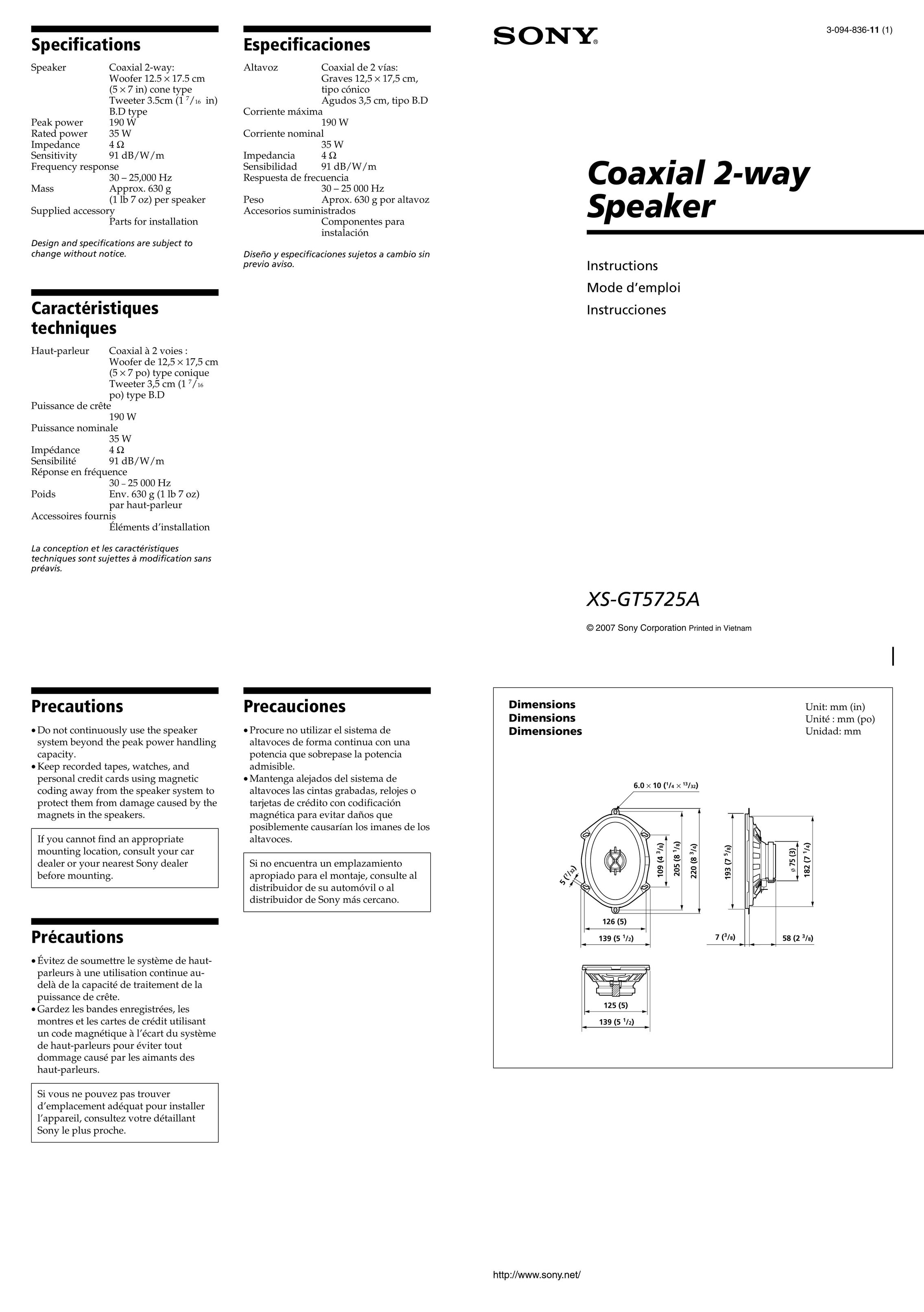 Sony GT5725A Speaker User Manual