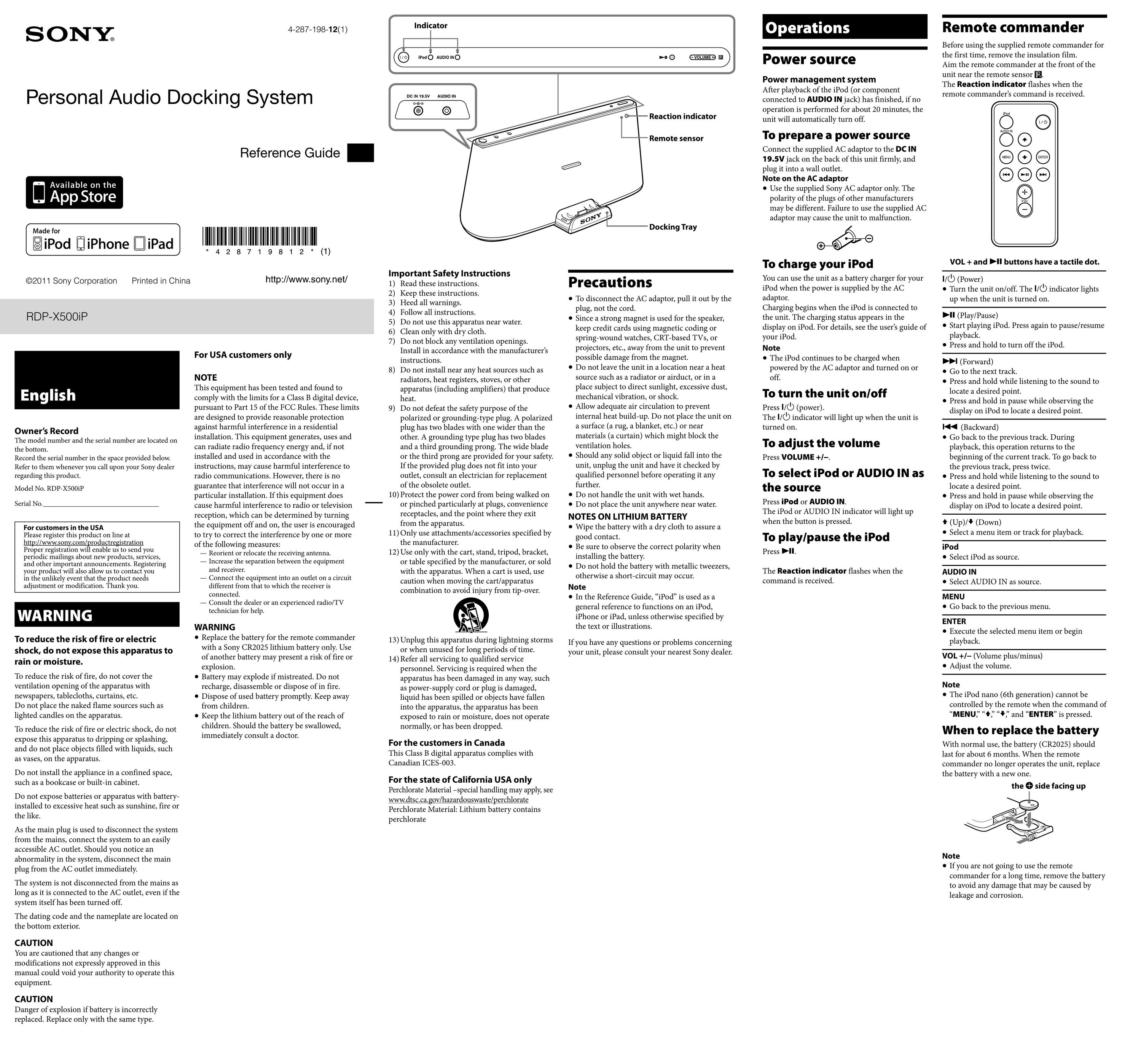 Sony RDP-X500IP Speaker User Manual