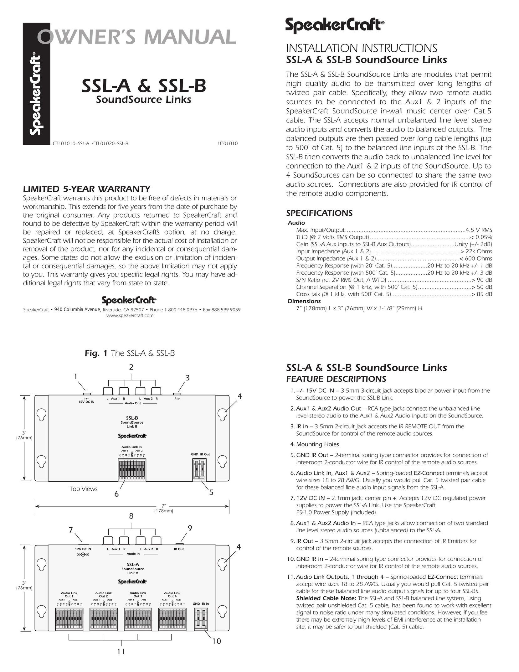 SpeakerCraft SSL-A Speaker User Manual