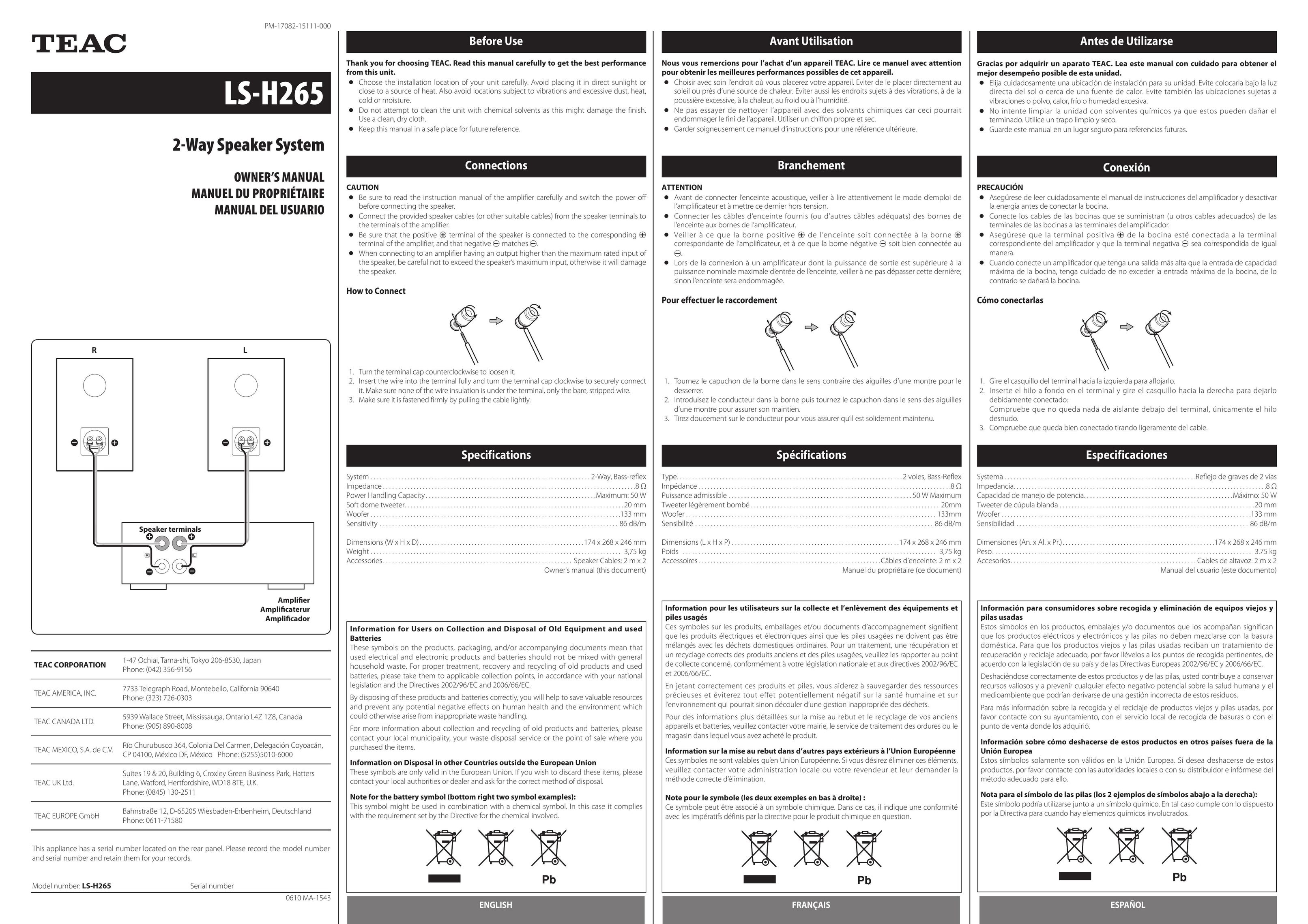 Teac LS-H265 Speaker User Manual