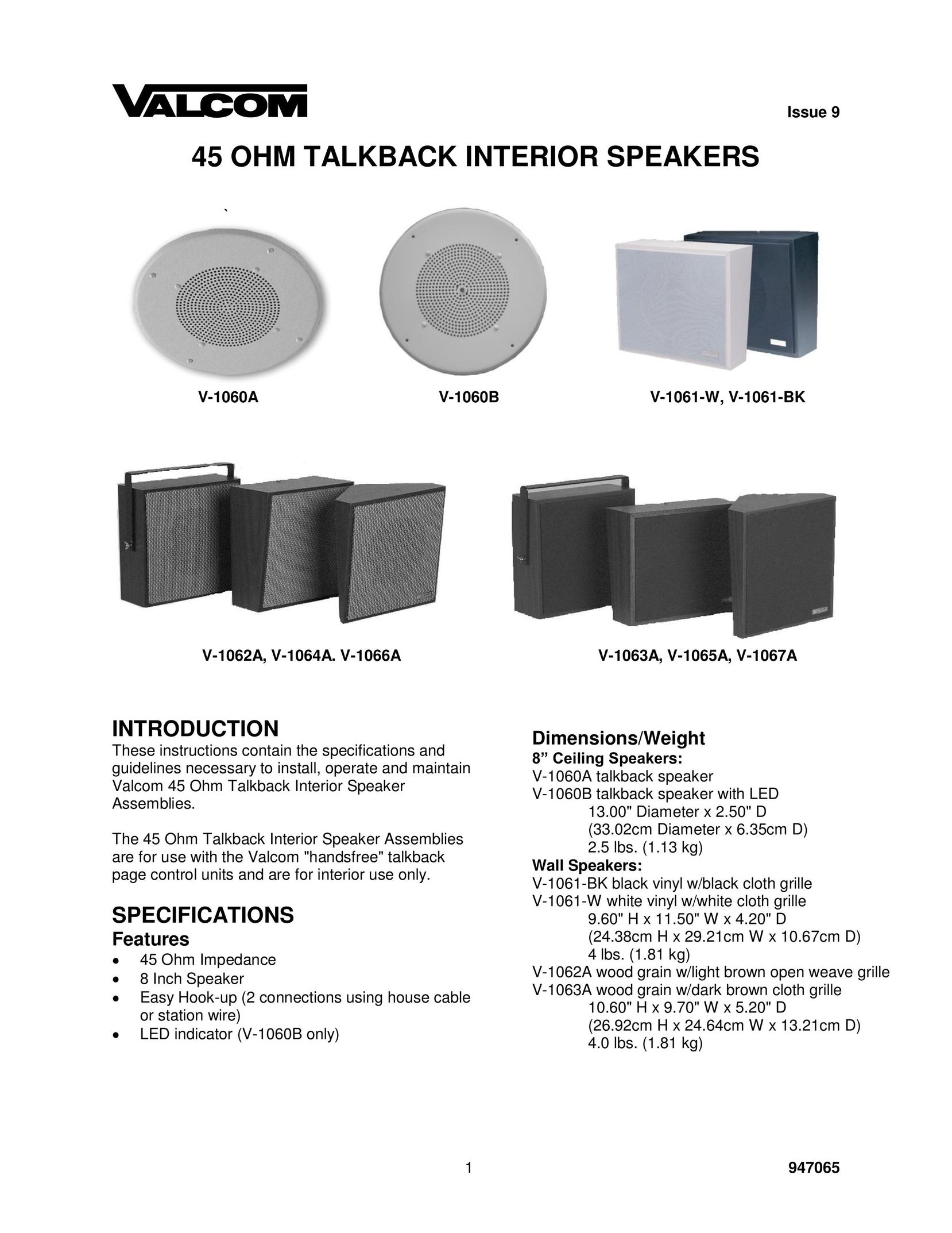 Valcom V-1061-BK Speaker User Manual