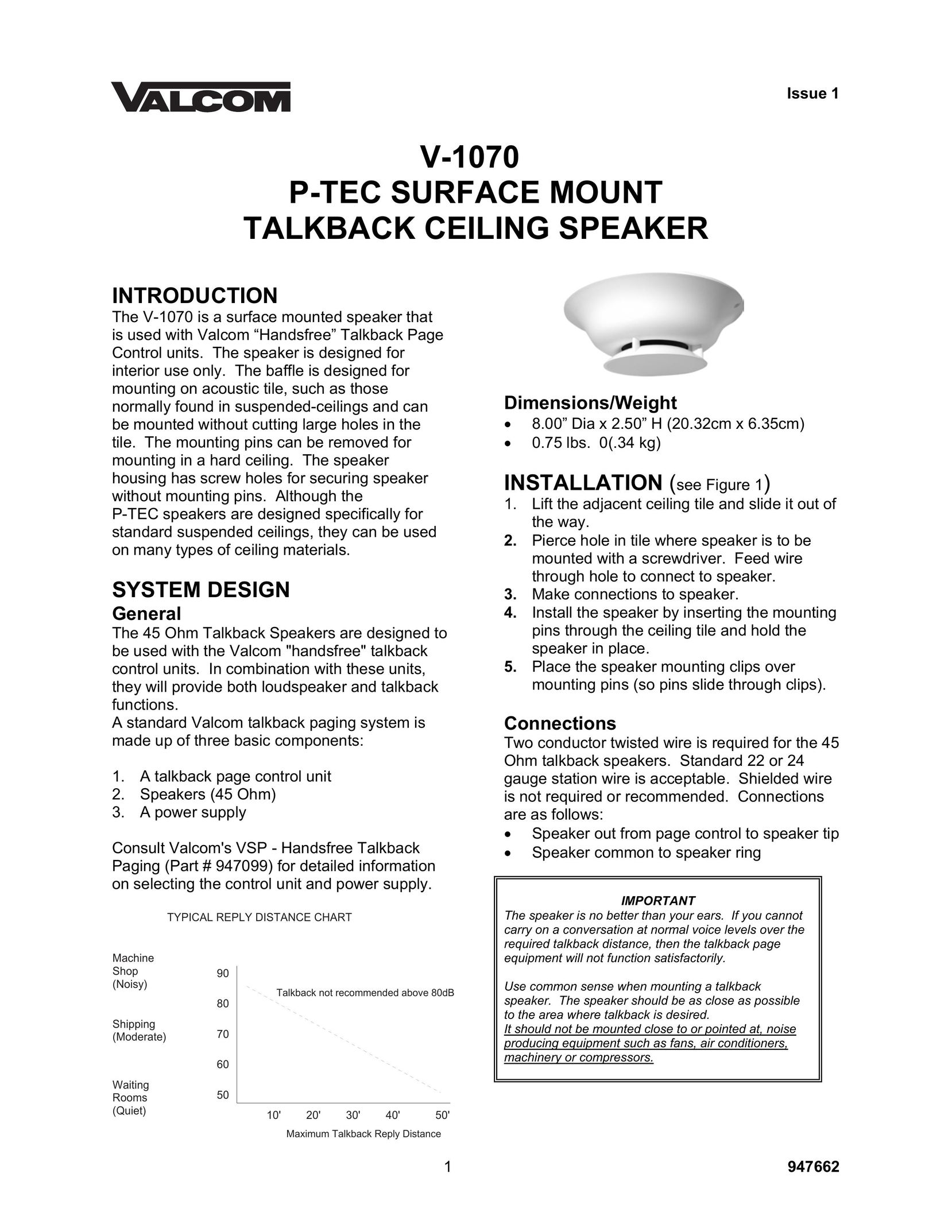 Valcom V-1070 Speaker User Manual