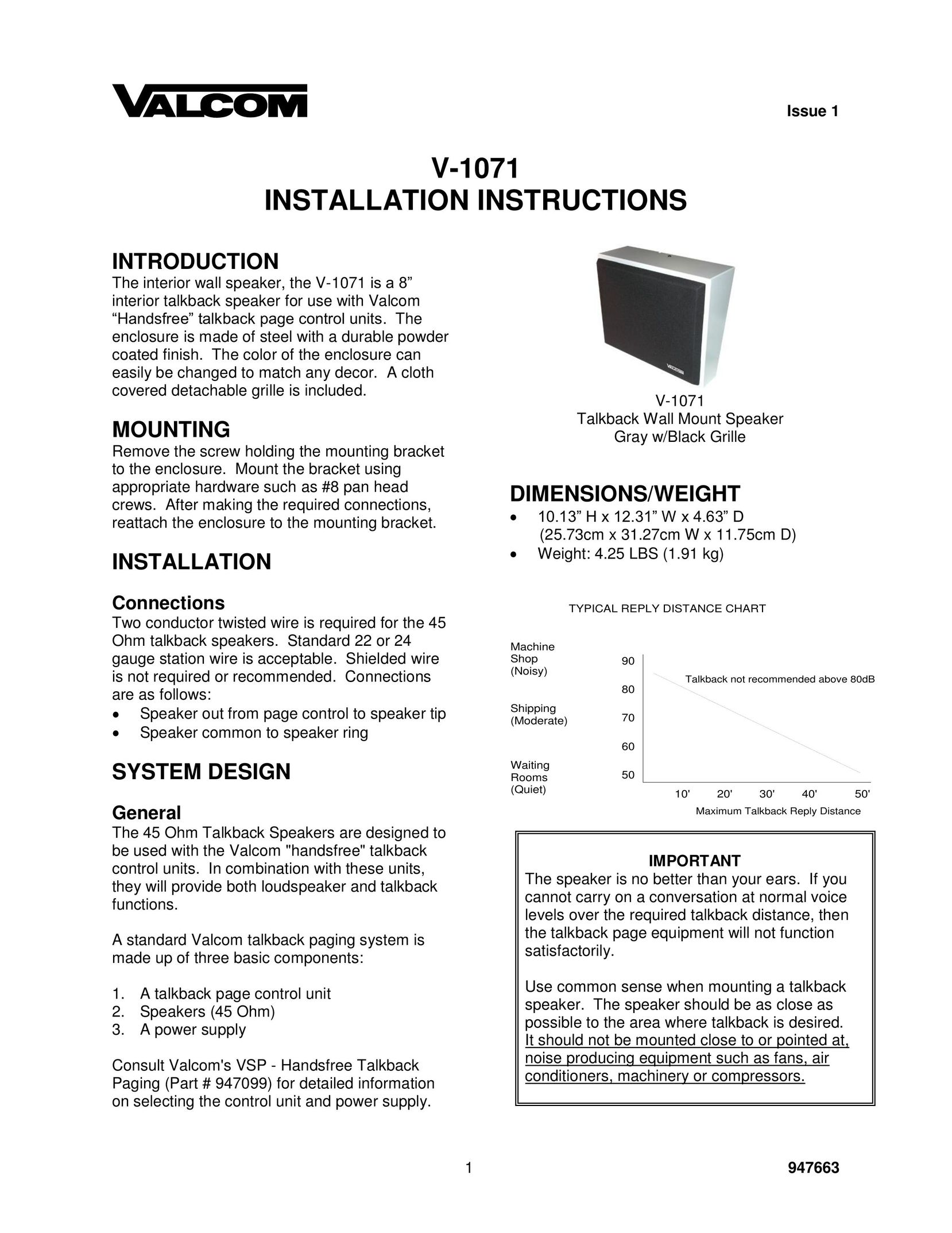 Valcom V-1071 Speaker User Manual
