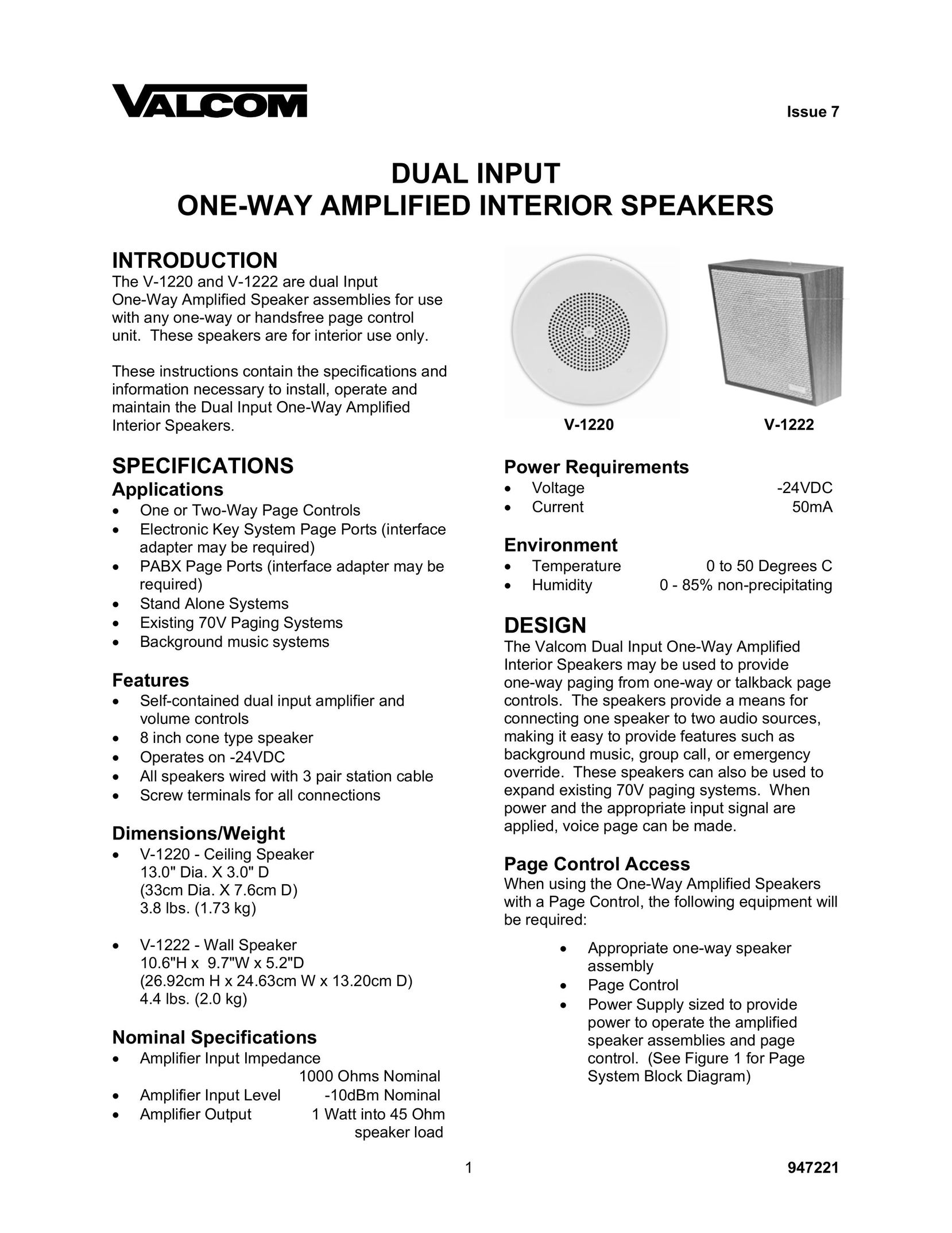 Valcom V-1222 Speaker User Manual