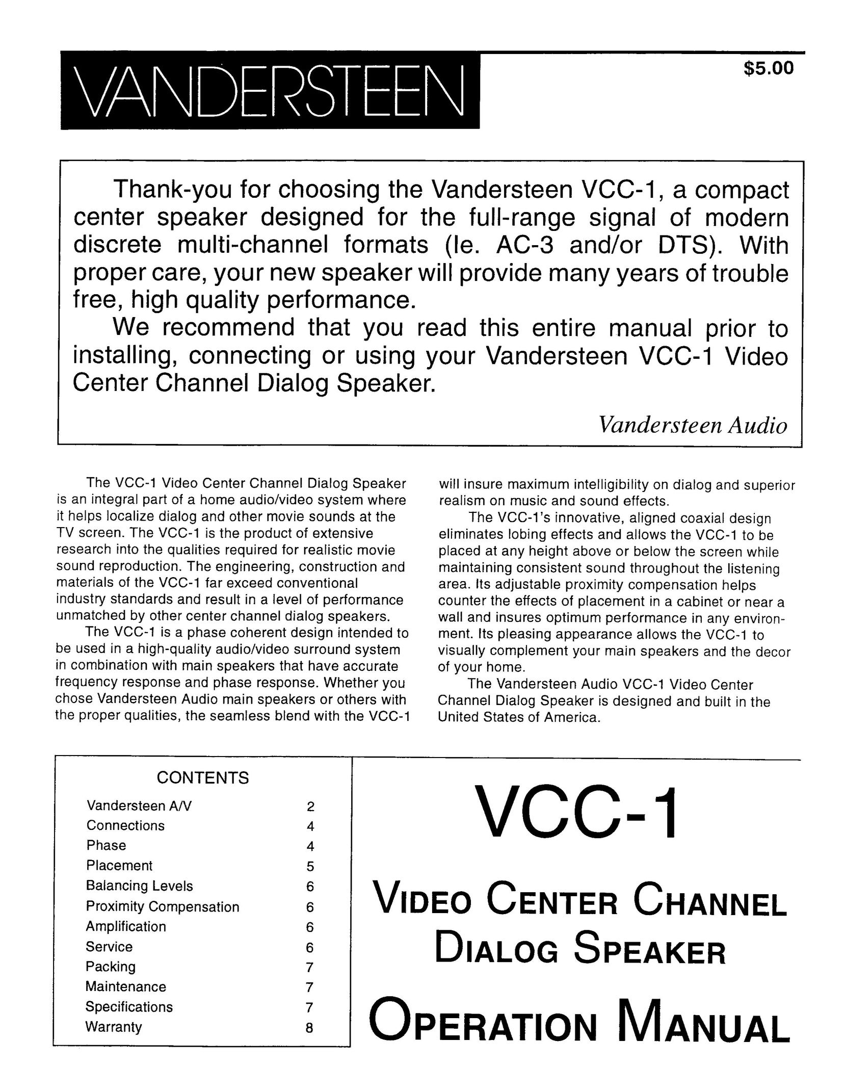 Vandersteen Audio VCC-1 Speaker User Manual