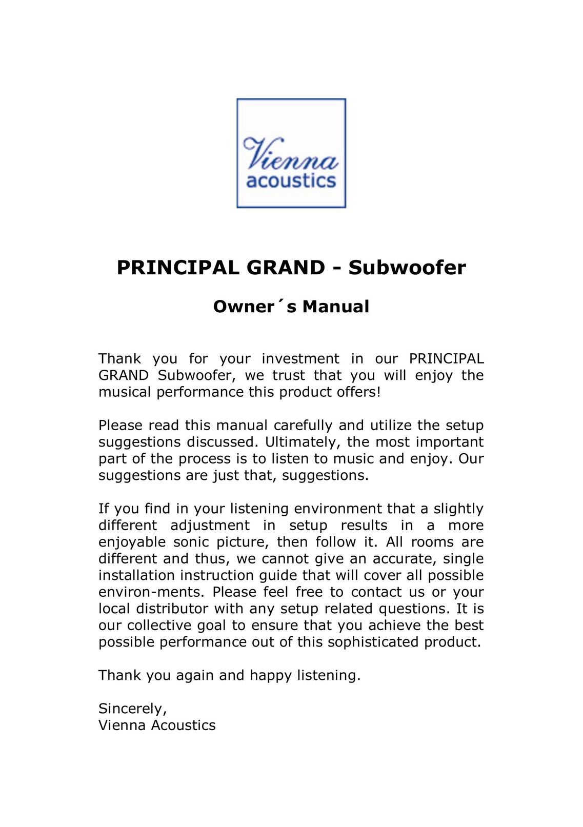 Vienna Acoustics Principal Grand Speaker User Manual
