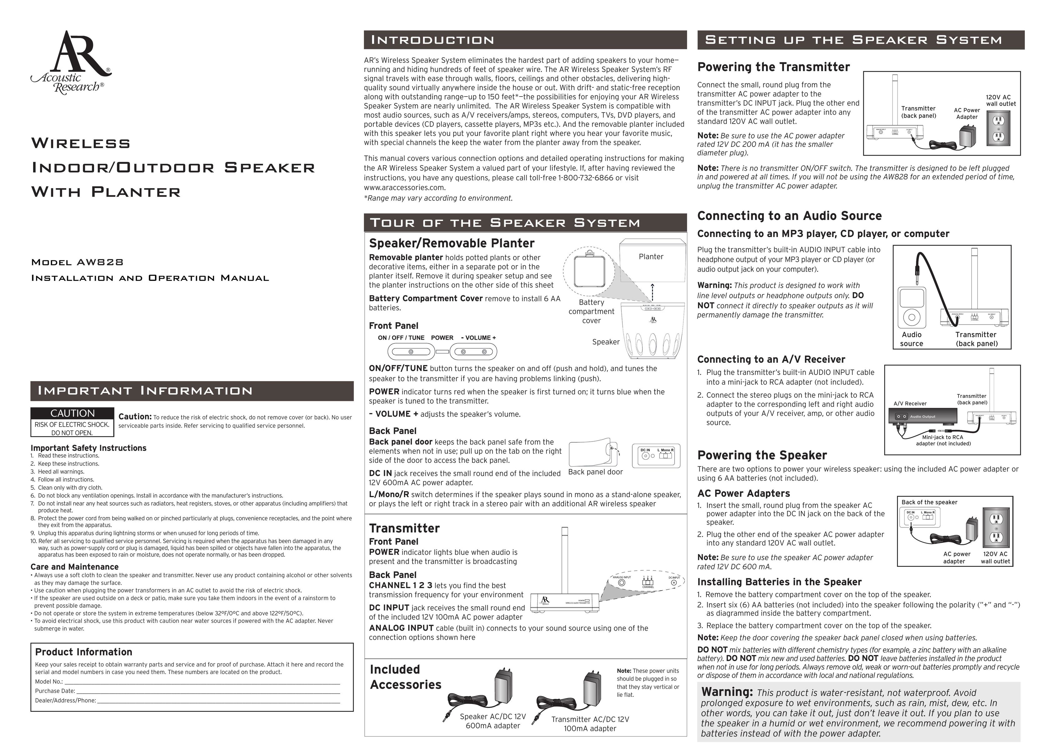 Acoustic Research AW828 Speaker System User Manual