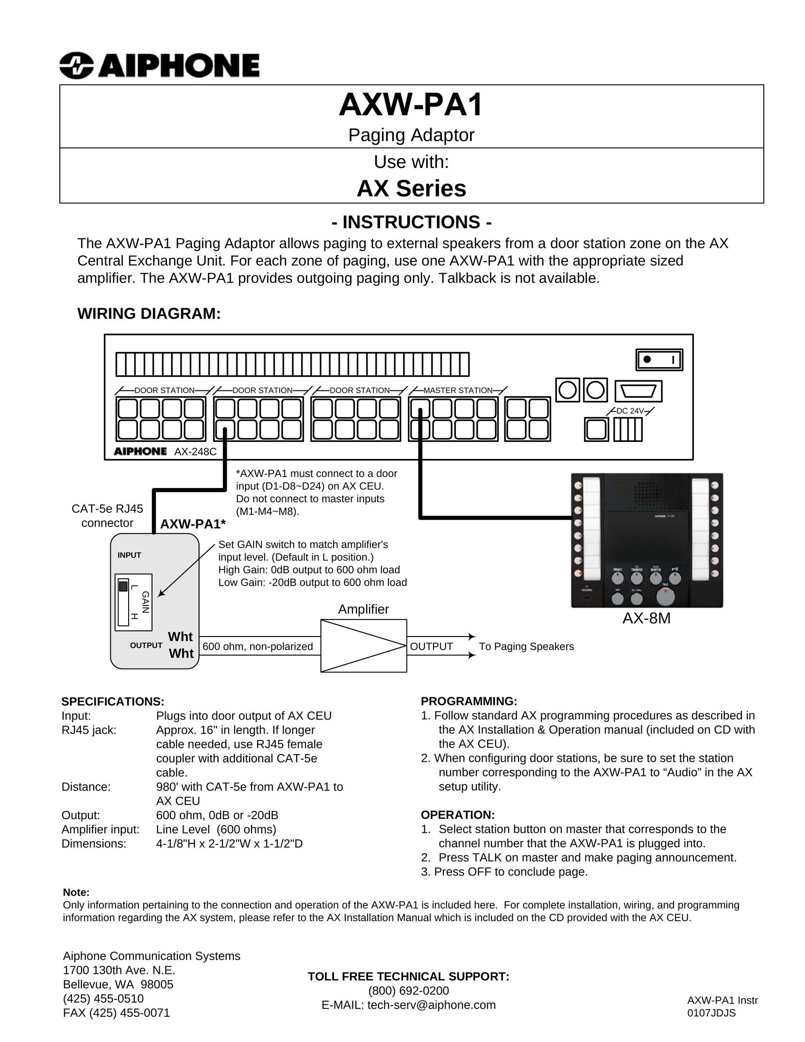 Aiphone AXW-PA1 Speaker System User Manual