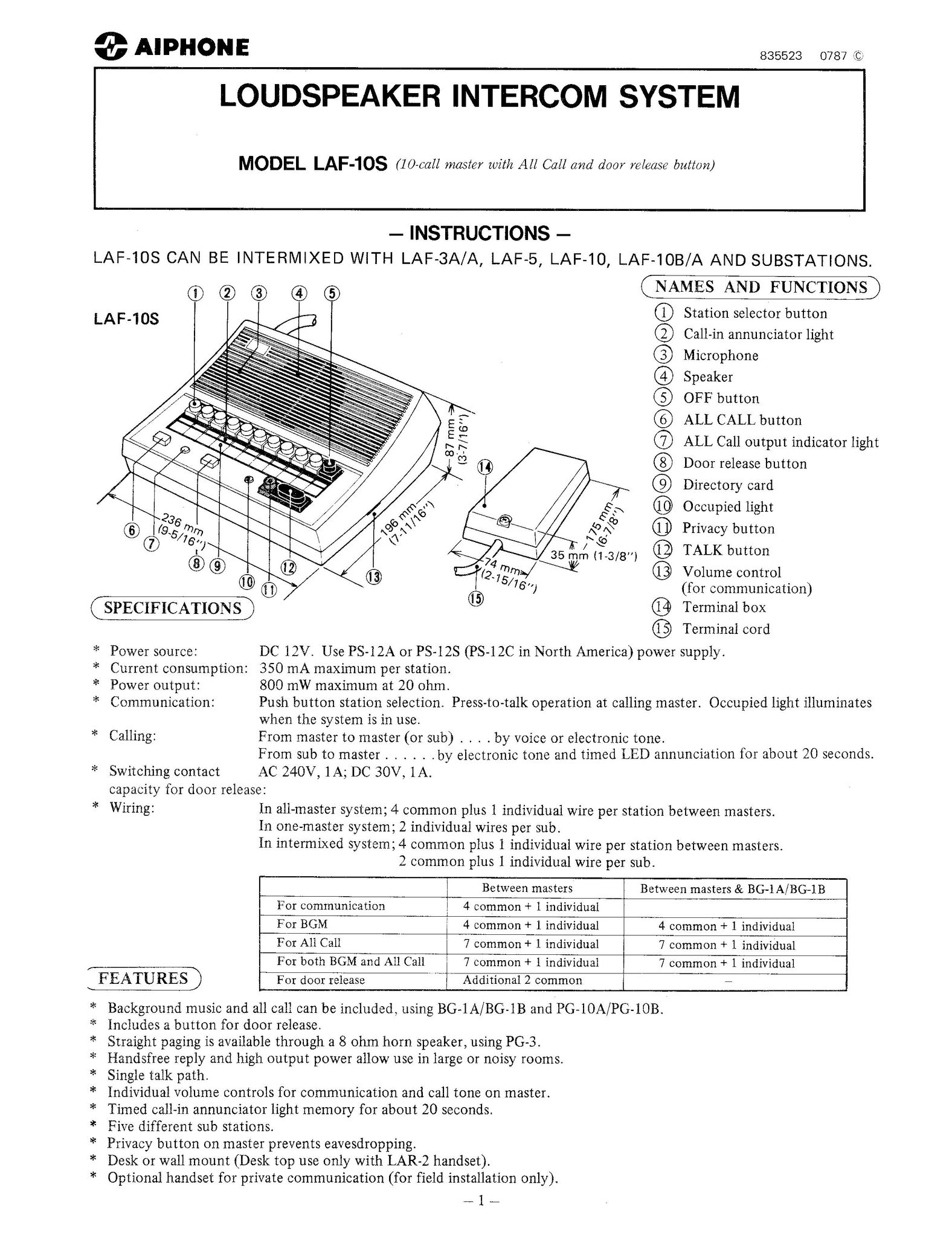 Aiphone LAF-10S Speaker System User Manual