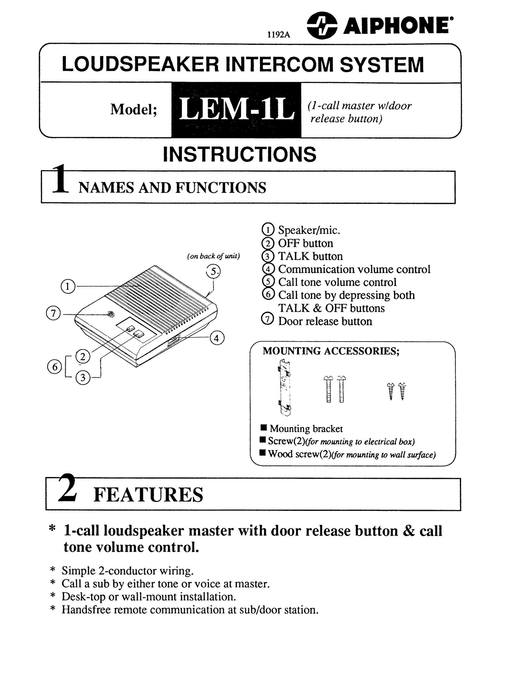 Aiphone LEM-1L Speaker System User Manual