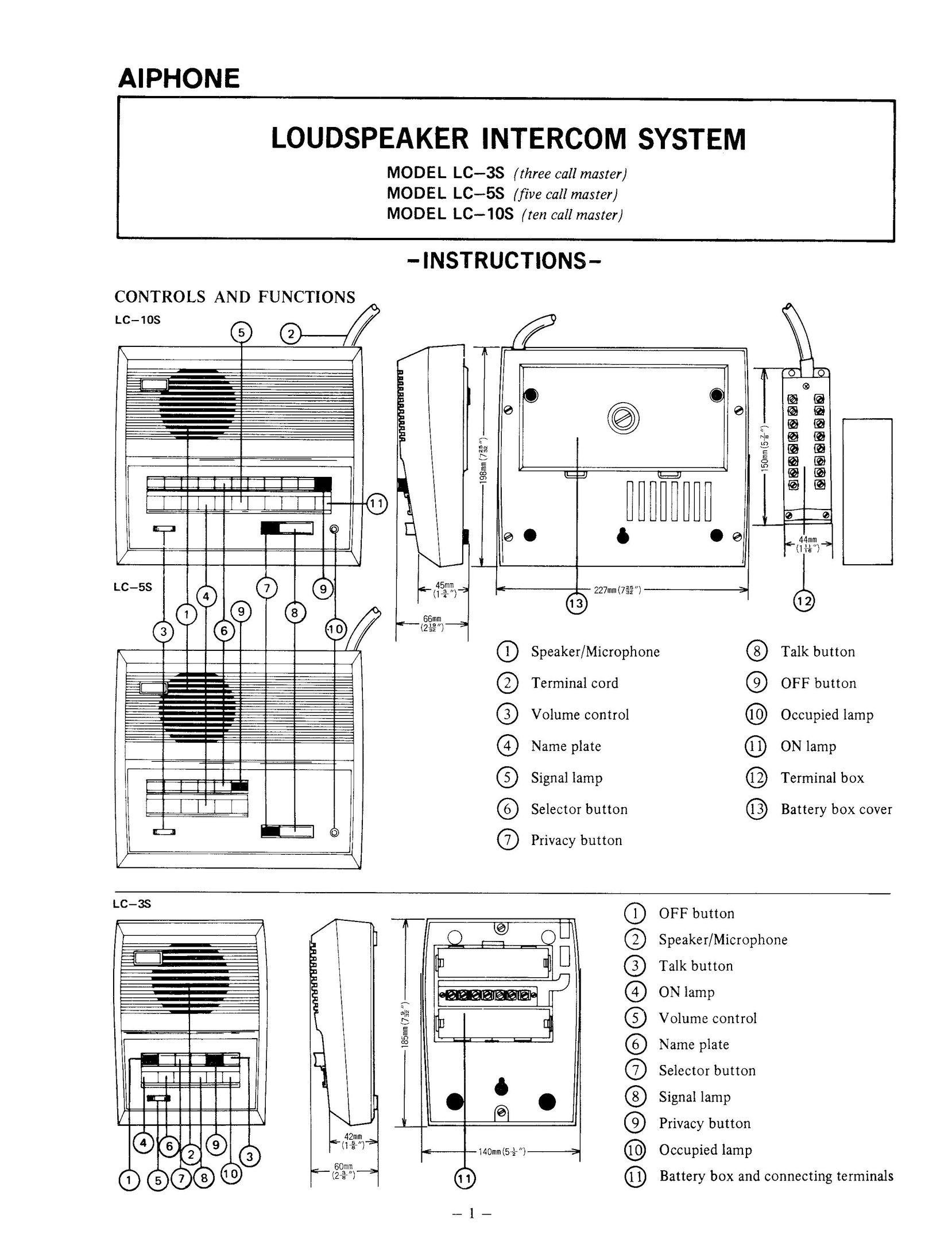 Aiphone Model LC-3S Speaker System User Manual