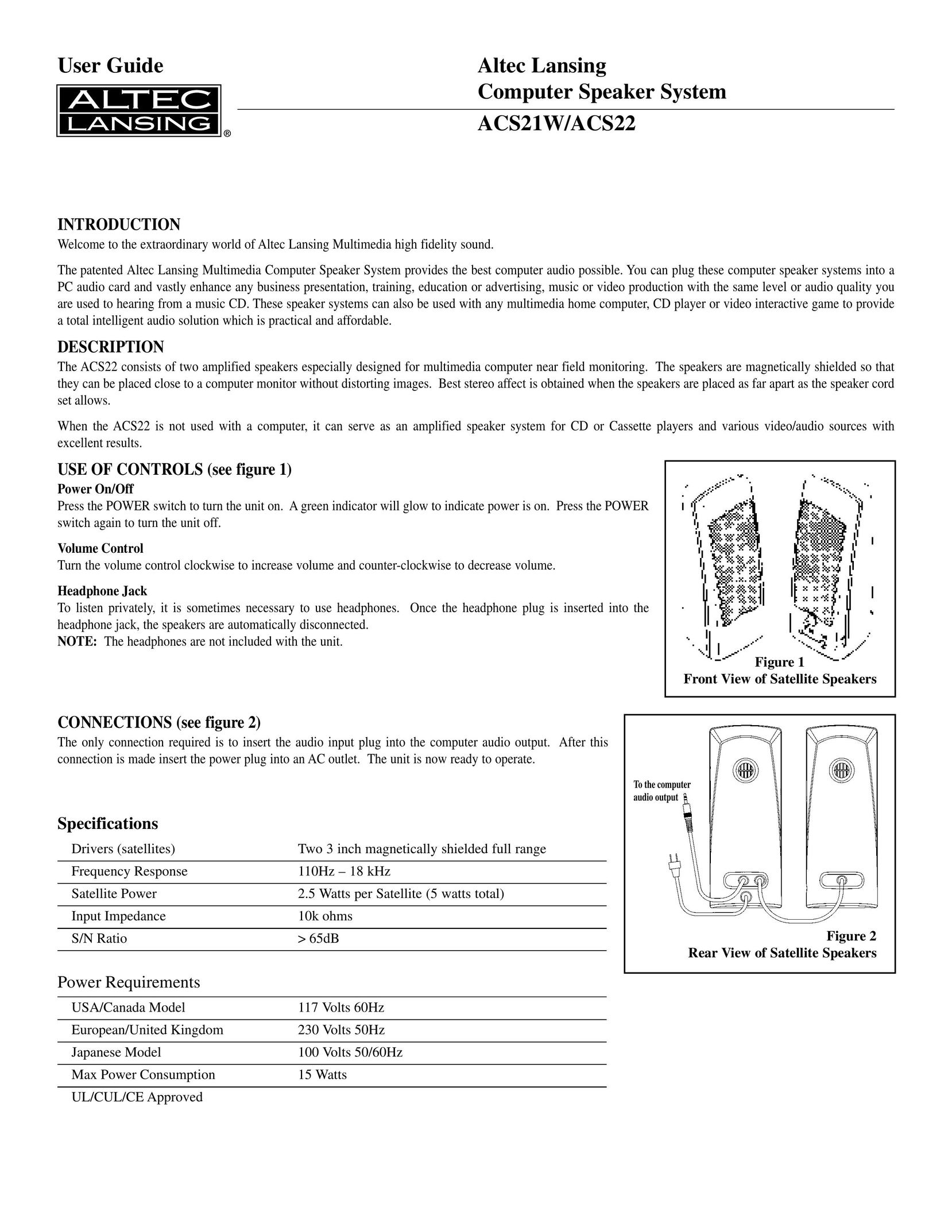Altec Lansing ACS22 Speaker System User Manual