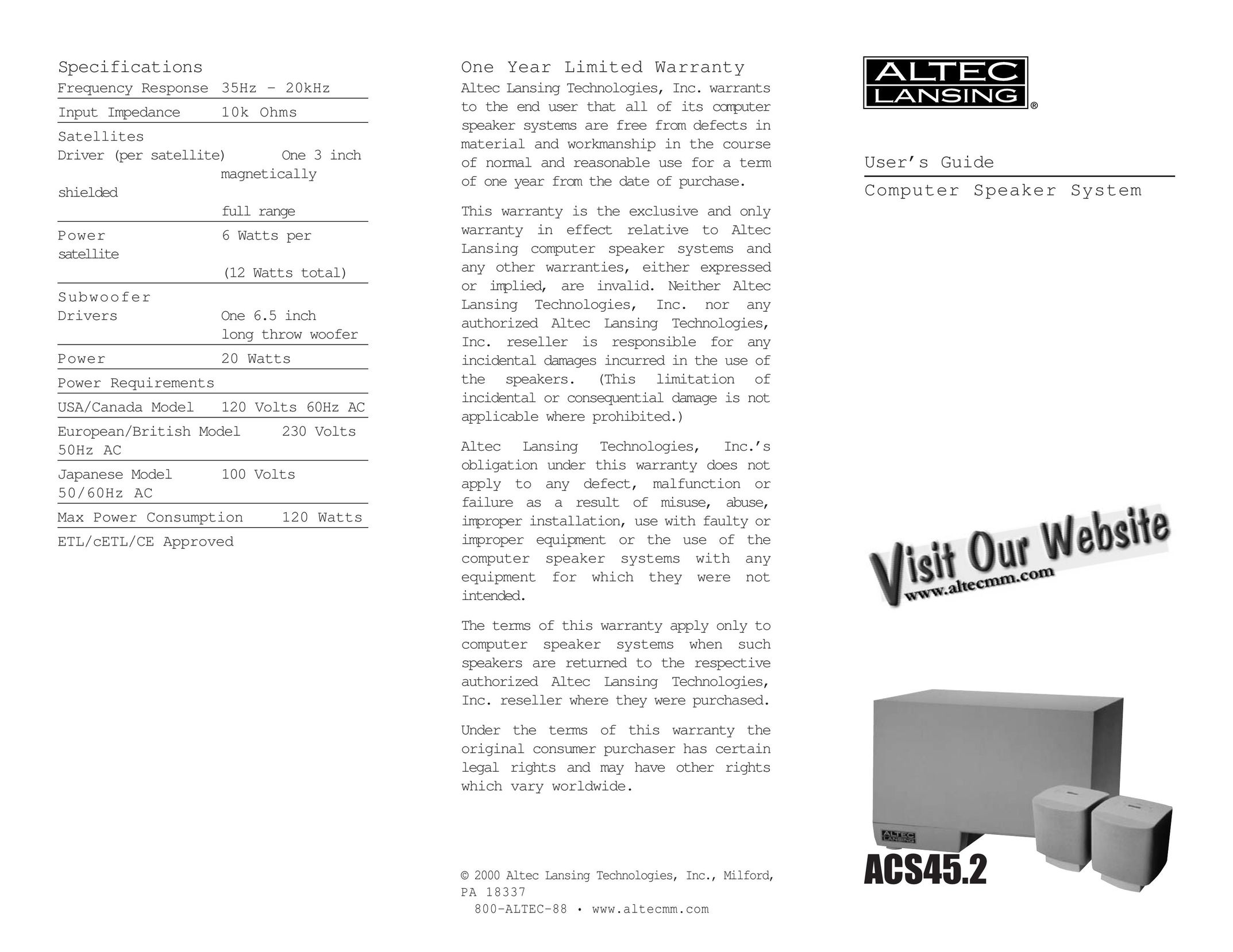 Altec Lansing ACS45.2 Speaker System User Manual