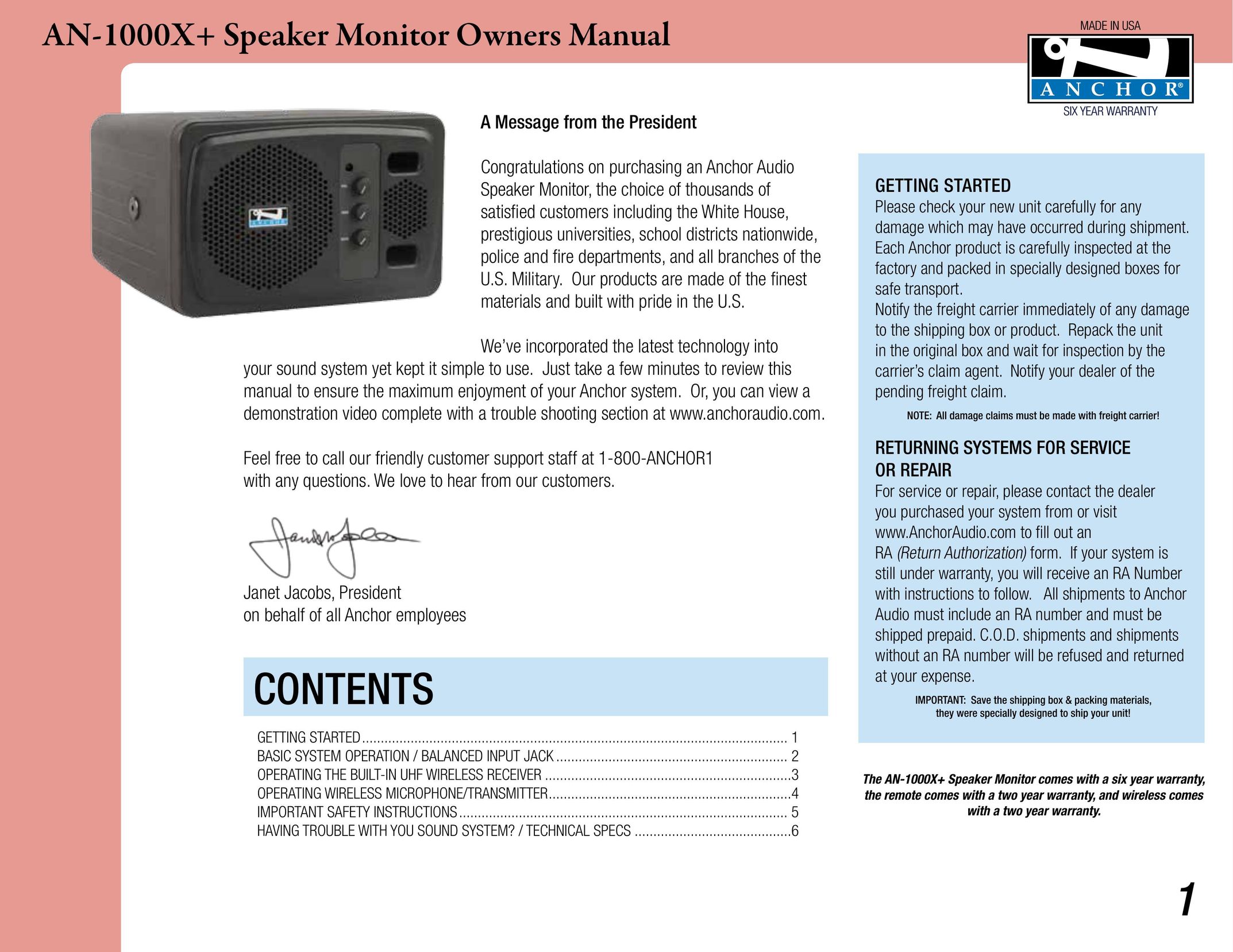 Anchor Audio AN-1000XF1+ Speaker System User Manual