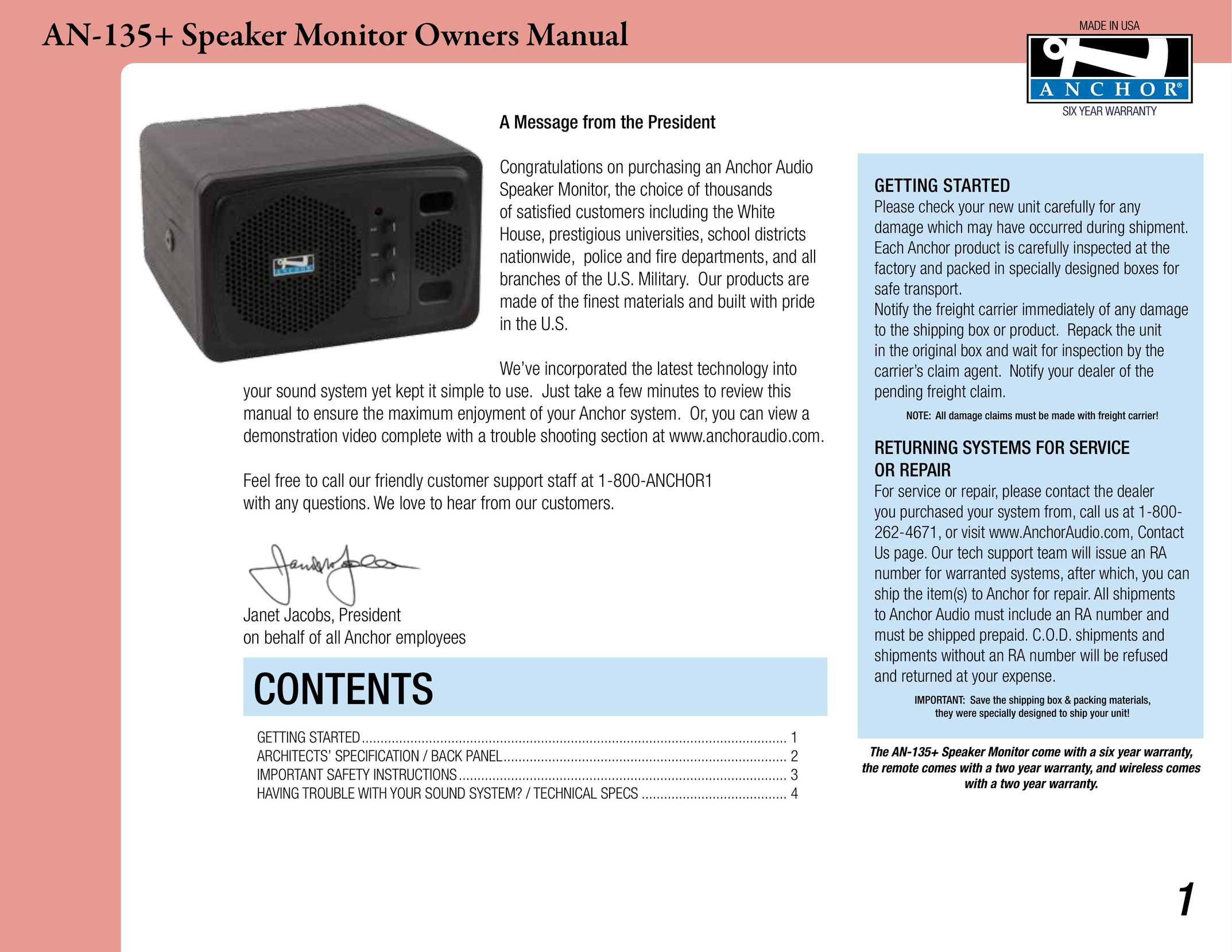 Anchor Audio AN-135+ Speaker System User Manual