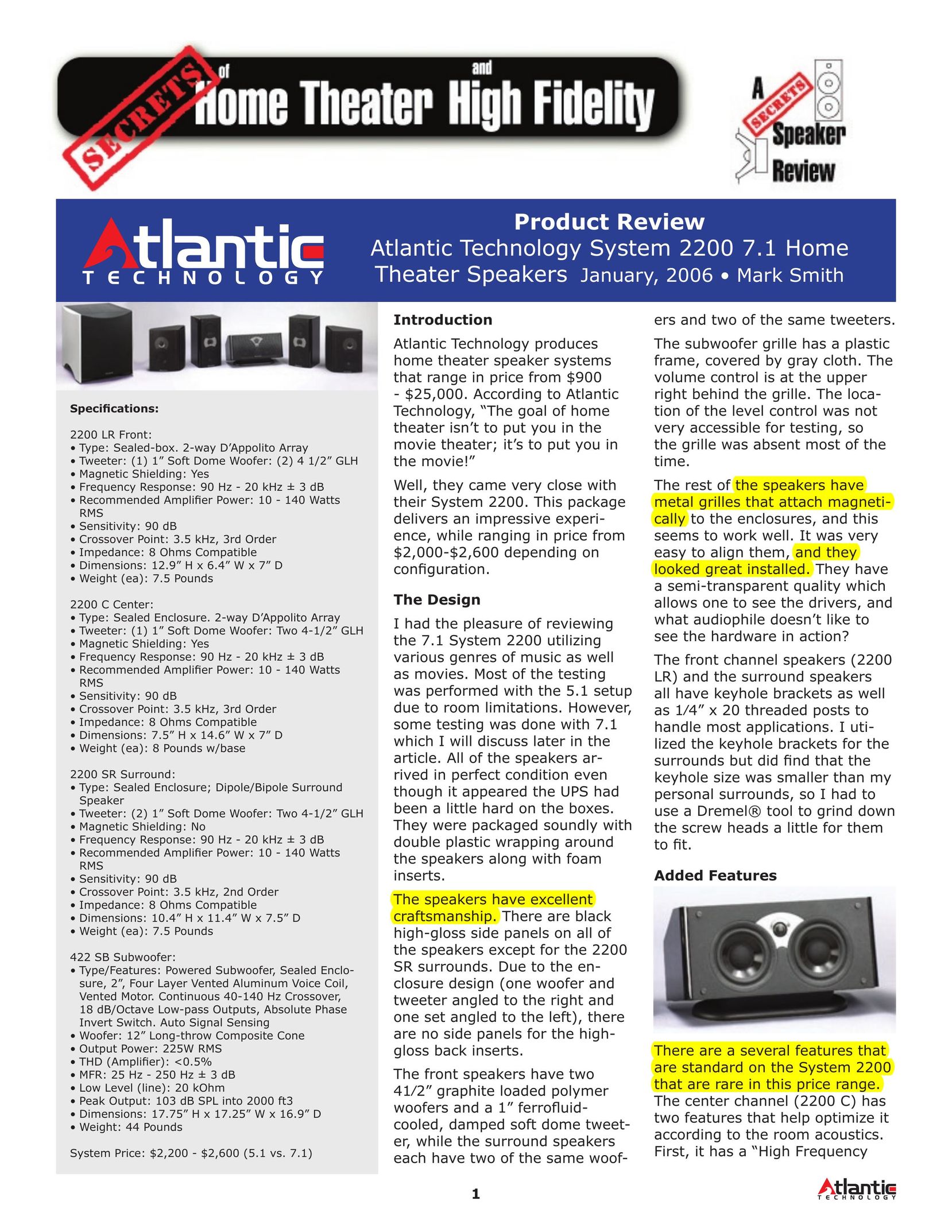 Atlantic Technology 2200 SR Speaker System User Manual