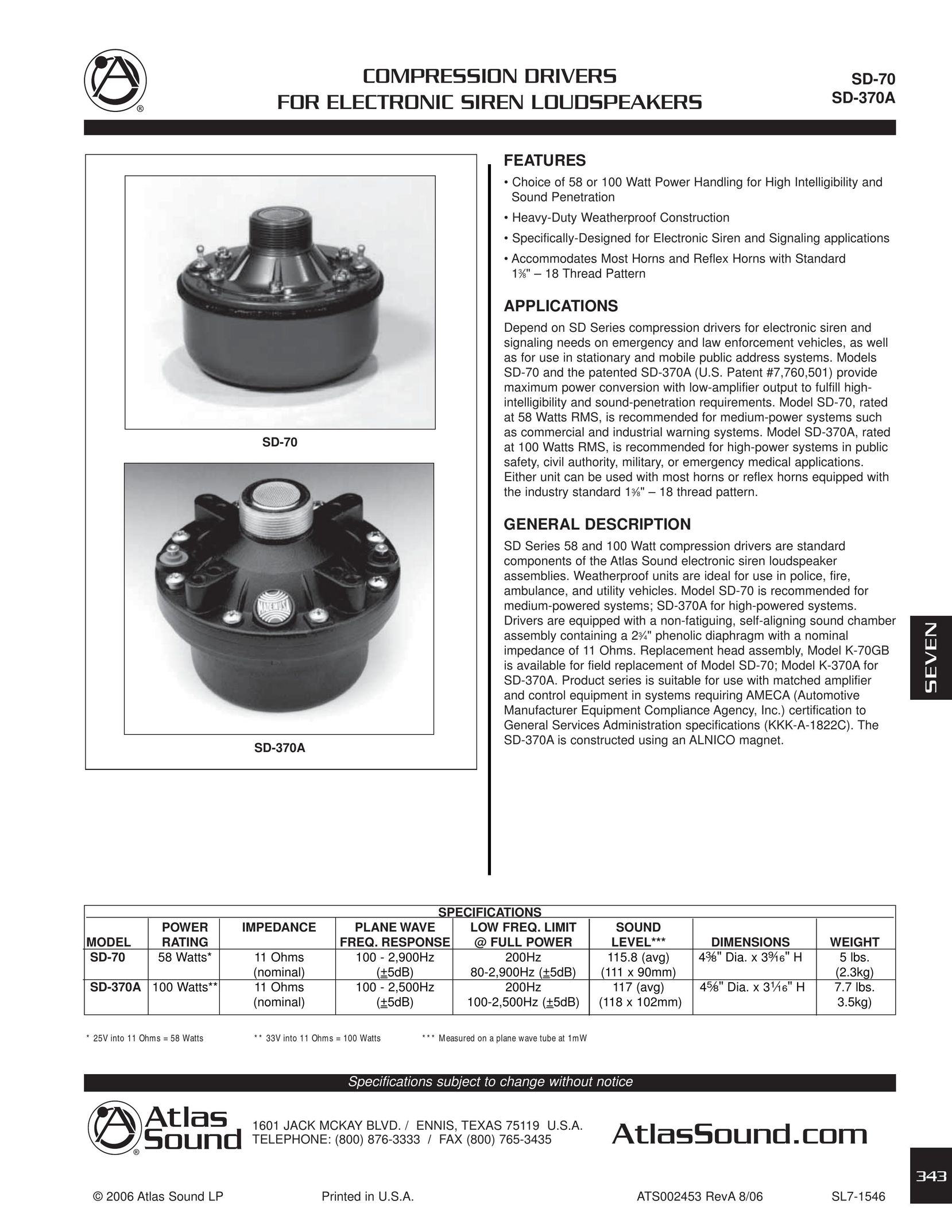 Atlas Sound SD-370A Speaker System User Manual
