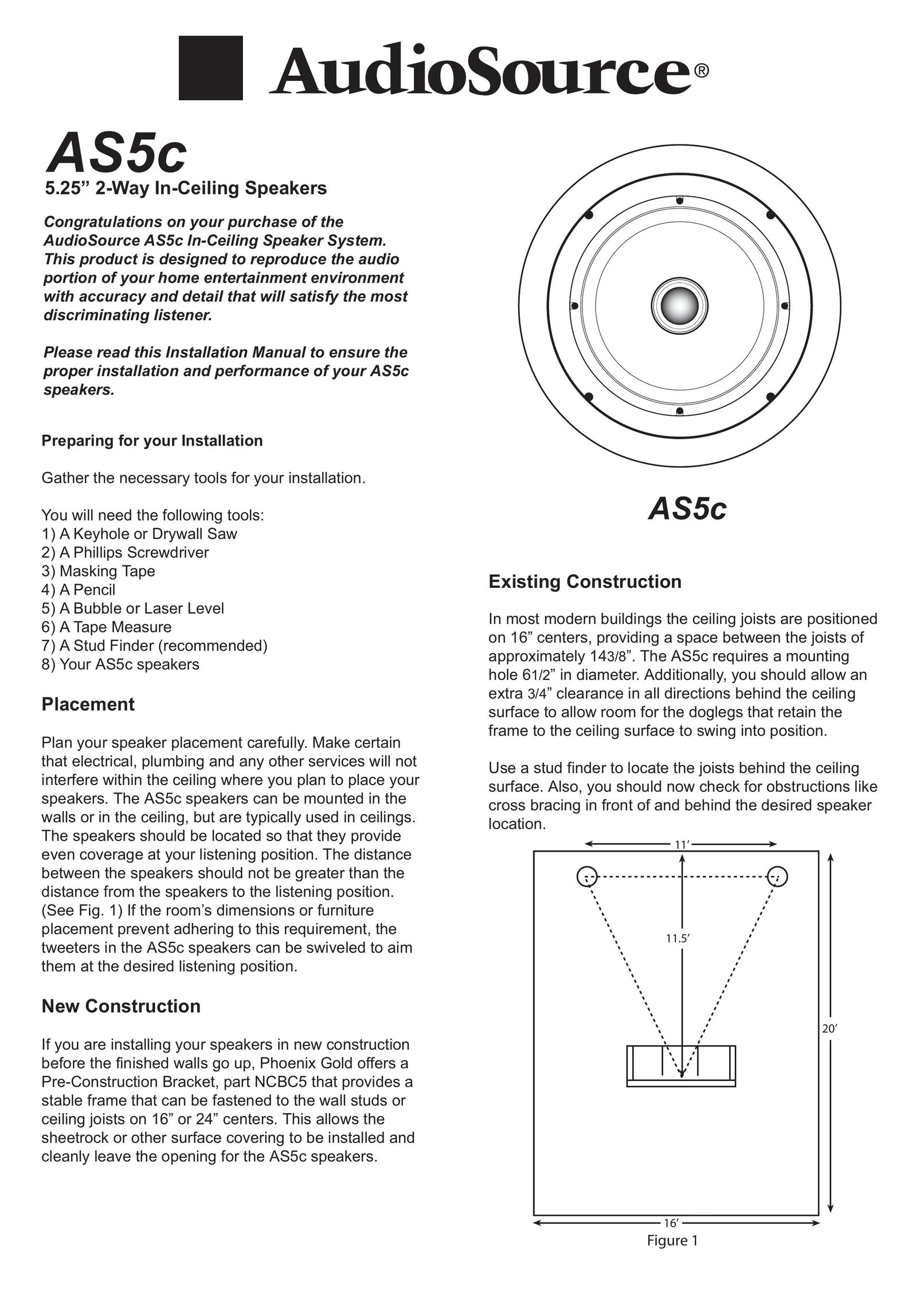 AudioSource AS5c 5.25" 2-Way In-Ceiling Speakers Speaker System User Manual