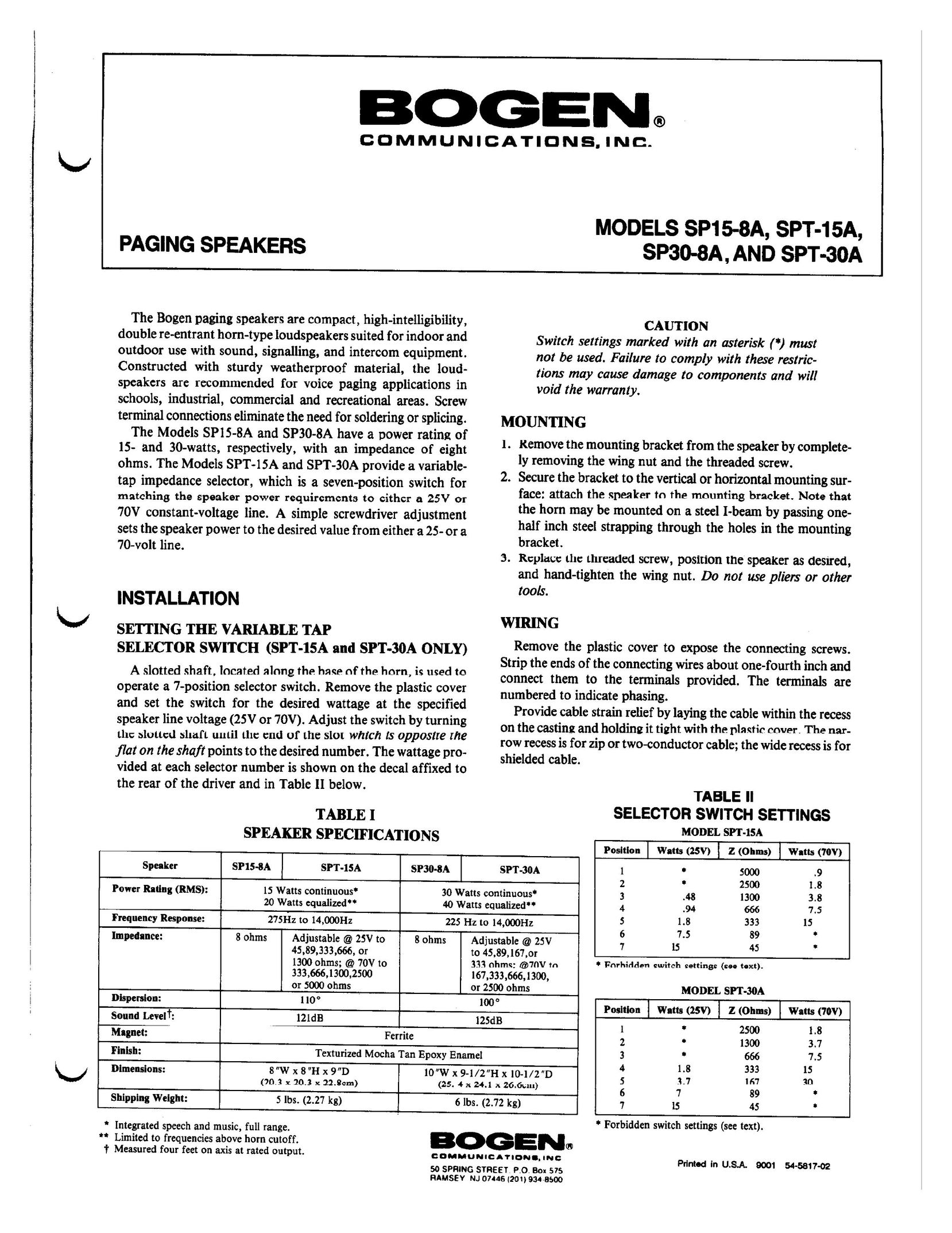 Bogen SP15-8A Speaker System User Manual