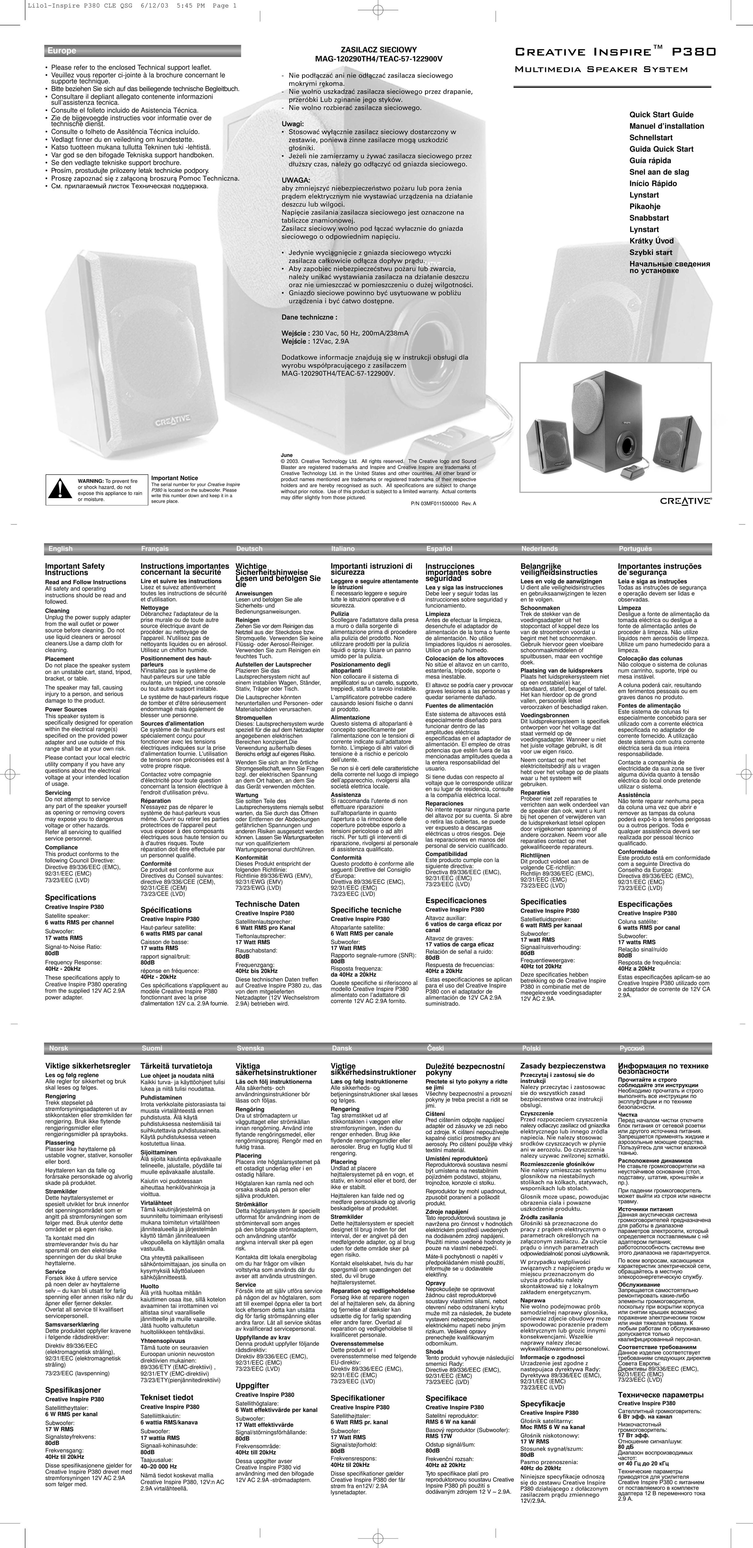 Creative Labs P380 Speaker System User Manual