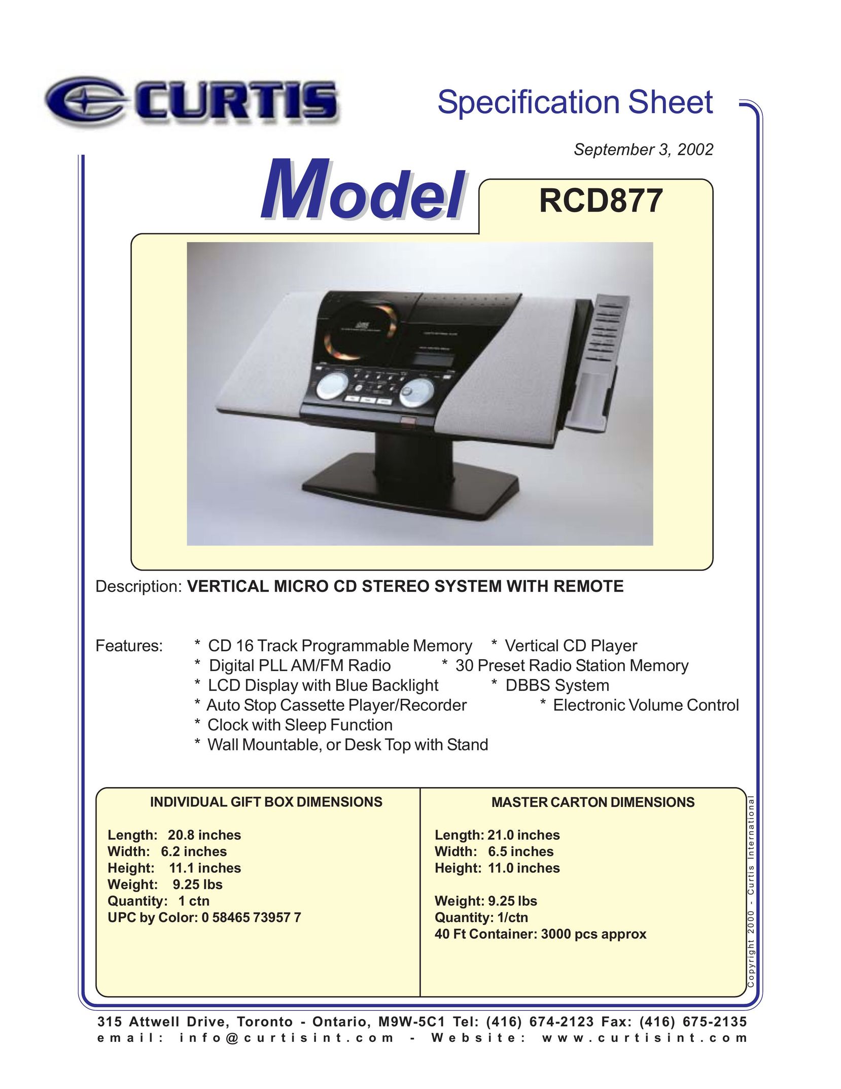 Curtis RCD877 Speaker System User Manual