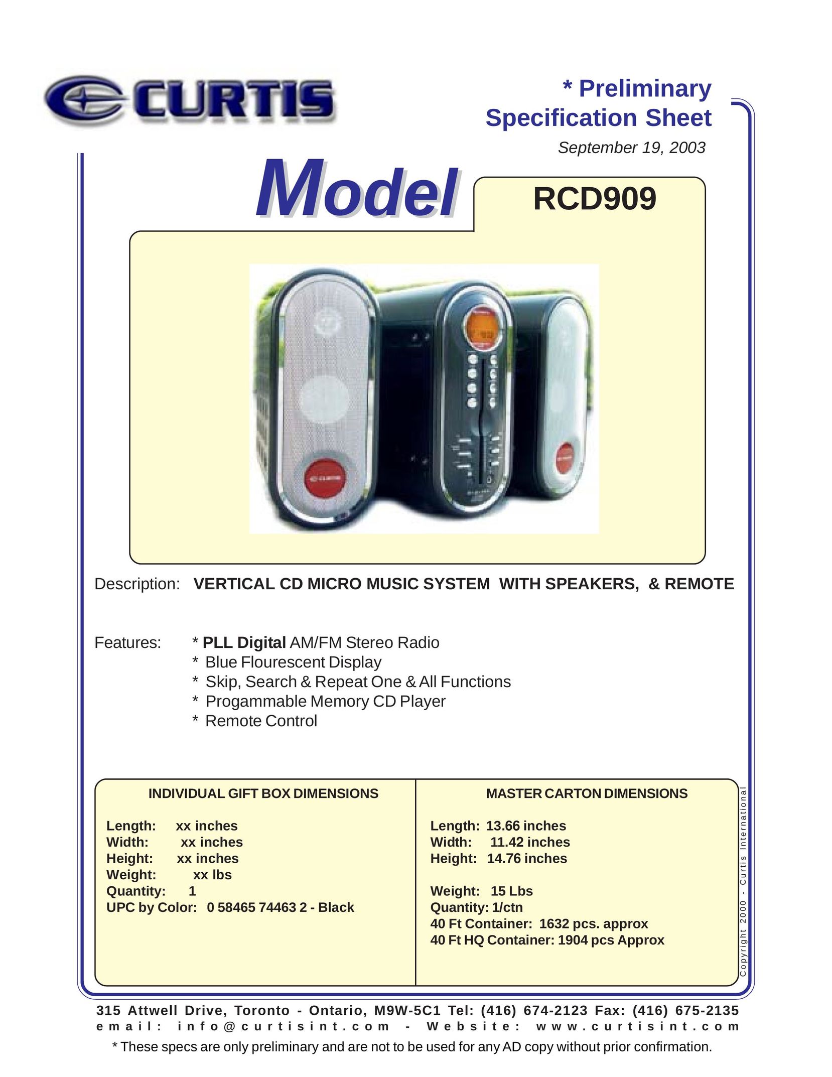 Curtis RCD909 Speaker System User Manual