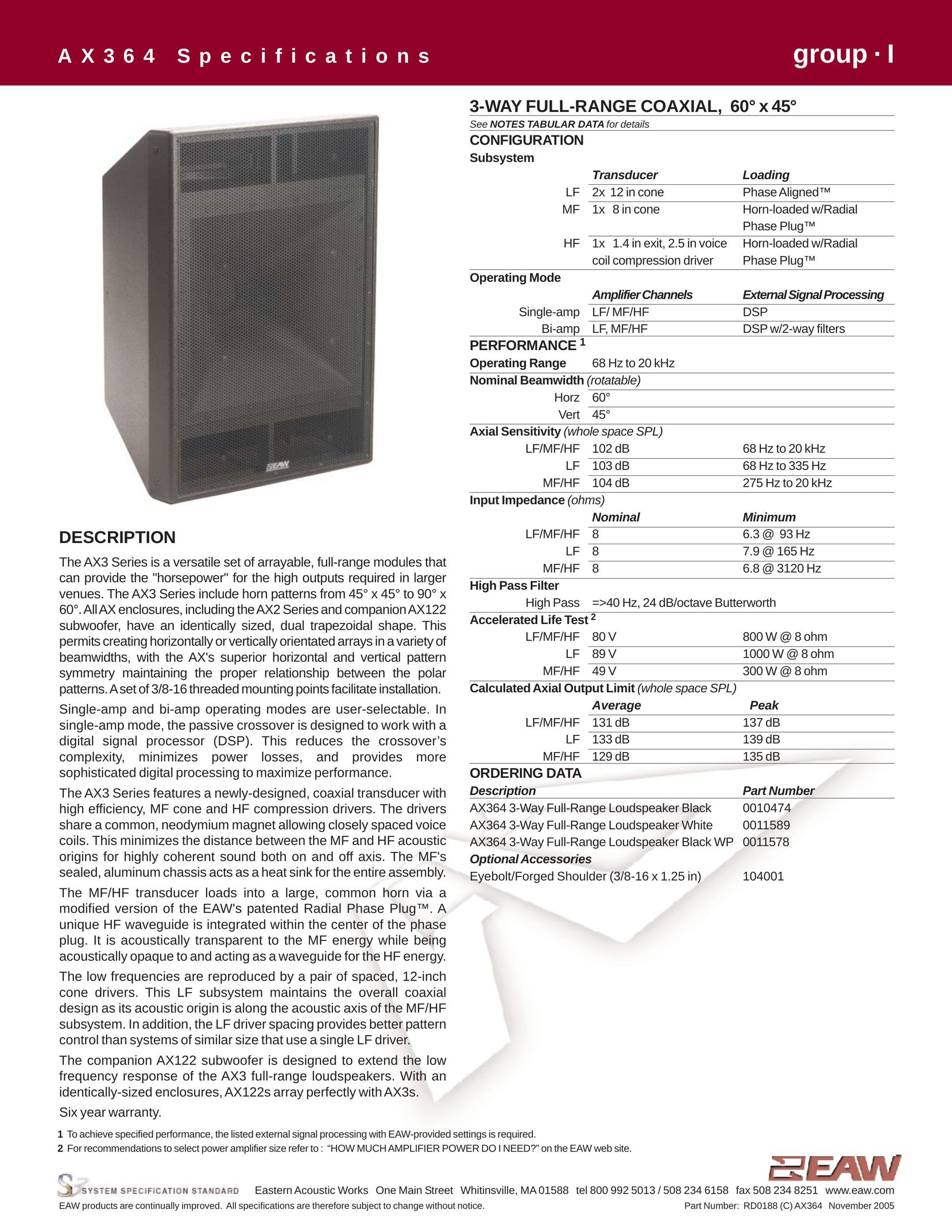 EAW AX364 Speaker System User Manual