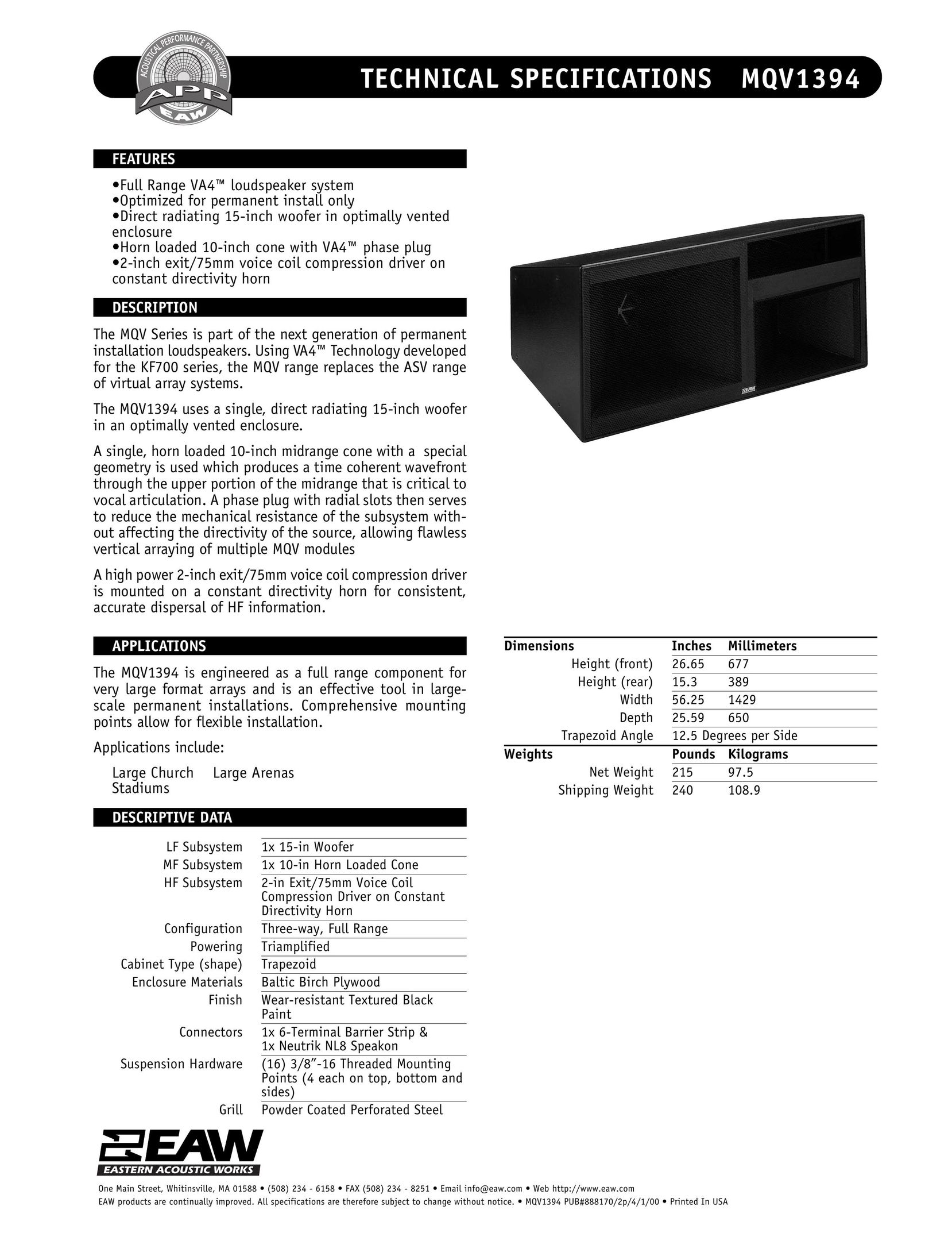 EAW MQV1394 Speaker System User Manual