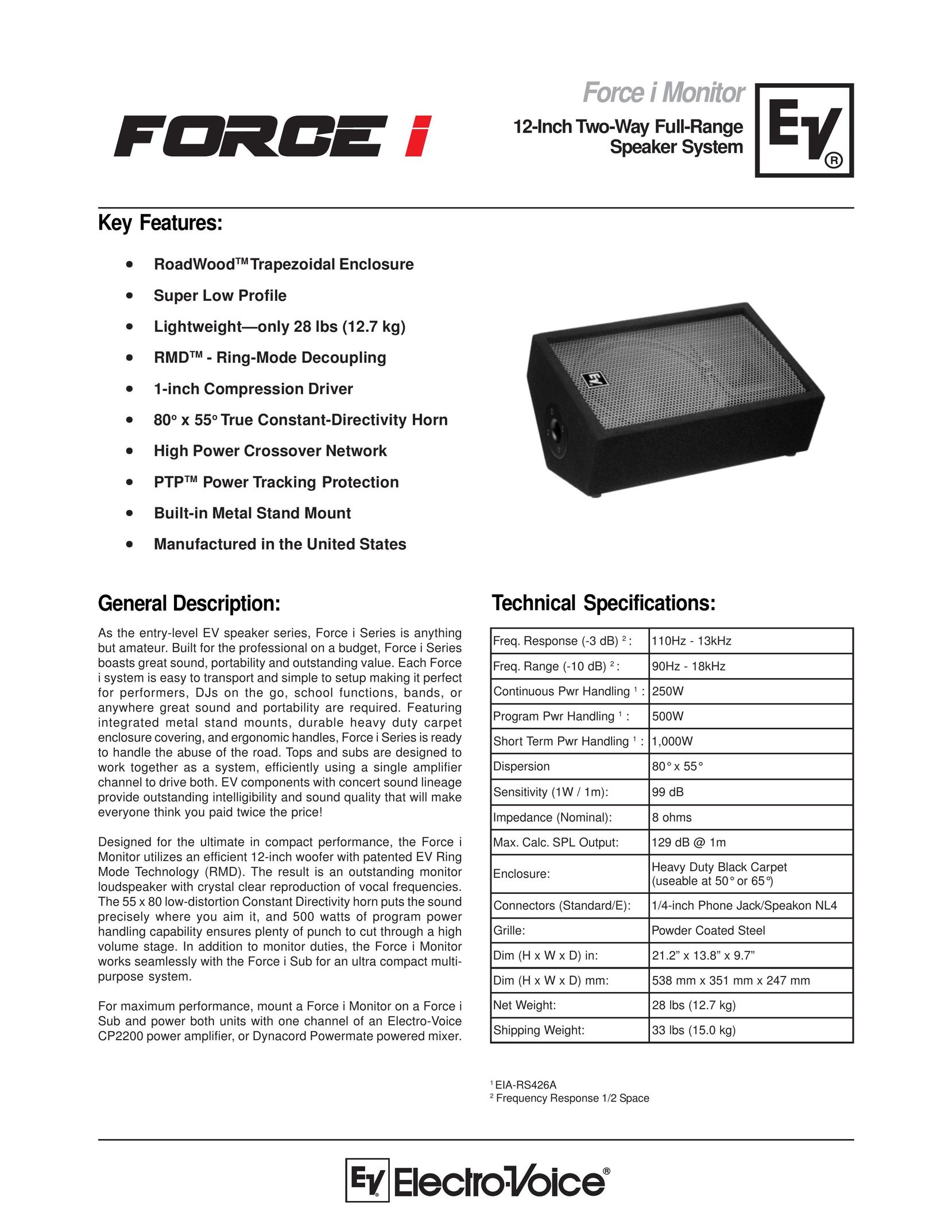 Electro-Voice Force i Monitor Speaker System User Manual