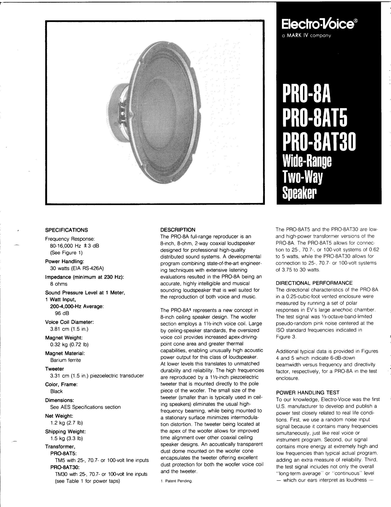 Electro-Voice PRO-8A Speaker System User Manual