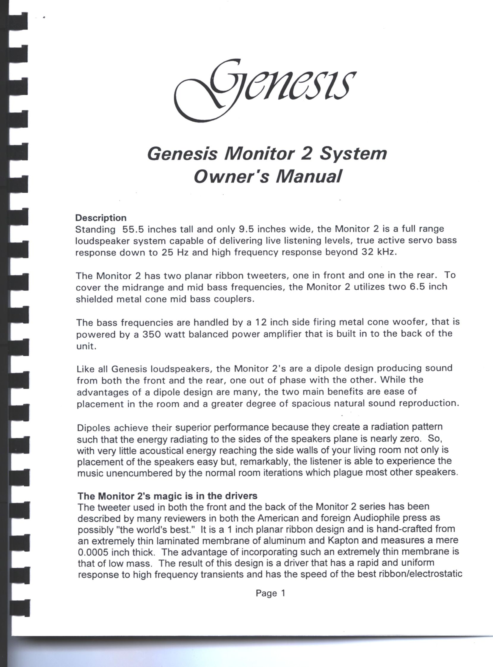 Genesis Advanced Technologies Monitor 2 Speaker System User Manual
