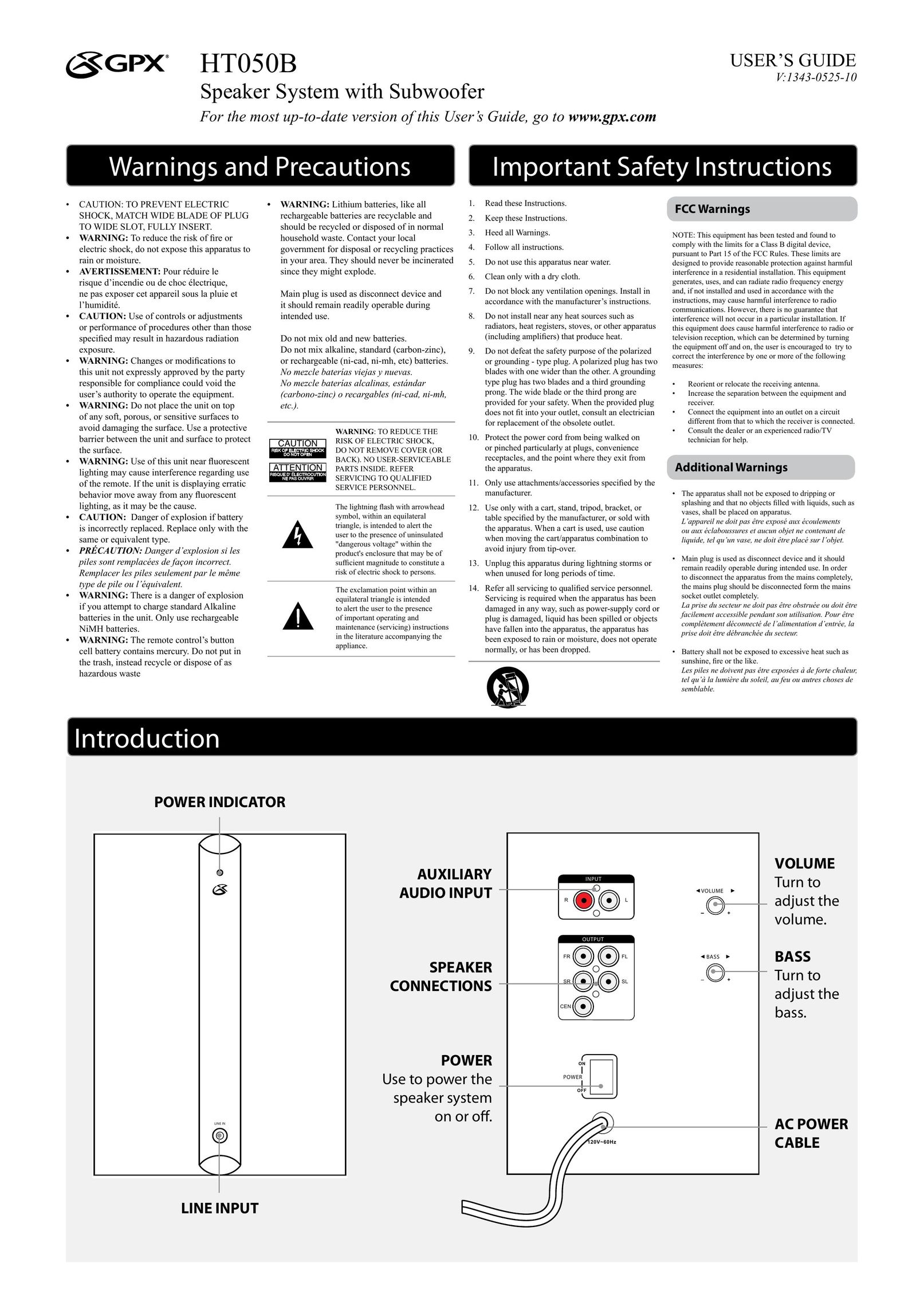 GPX HT050B Speaker System User Manual