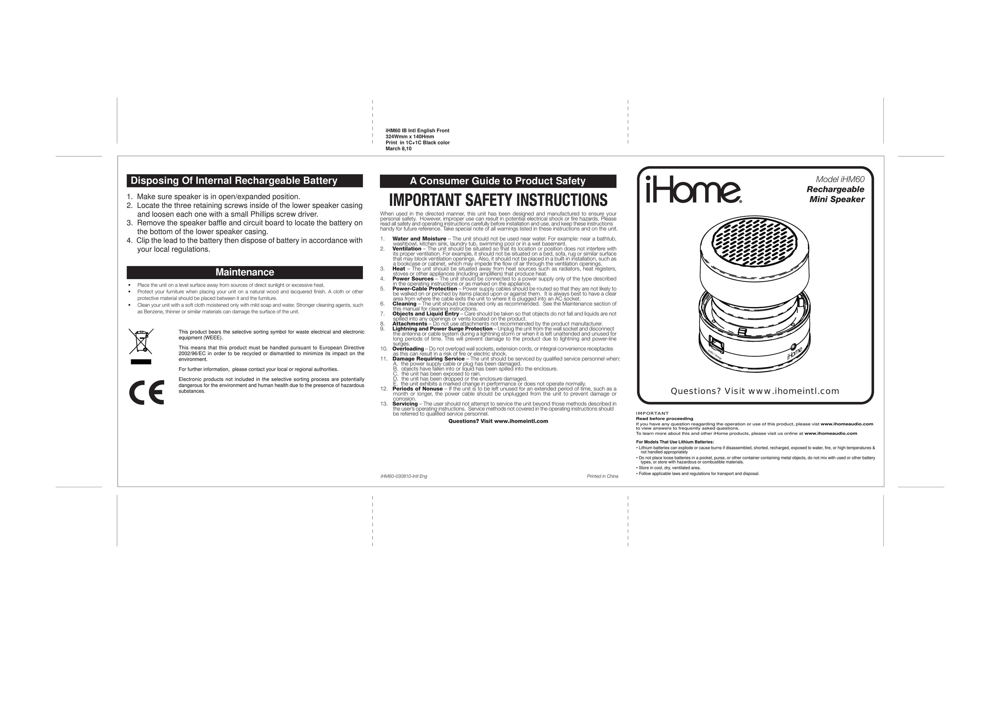 iHome IHM60EN Speaker System User Manual