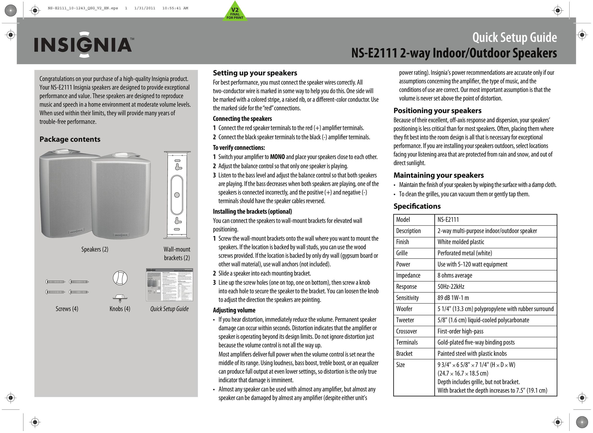 Insignia NS-E2111 Speaker System User Manual