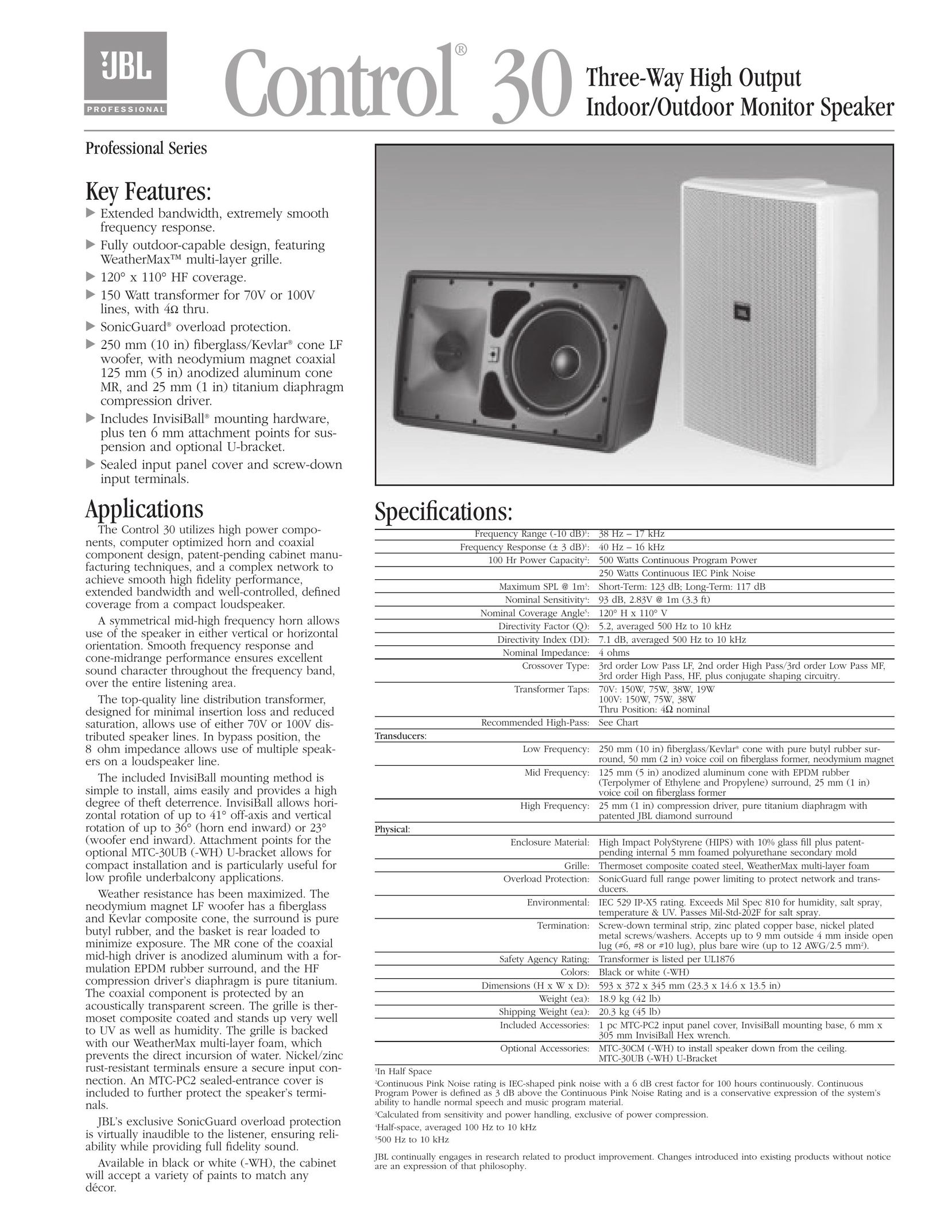 JBL Control 30 Speaker System User Manual